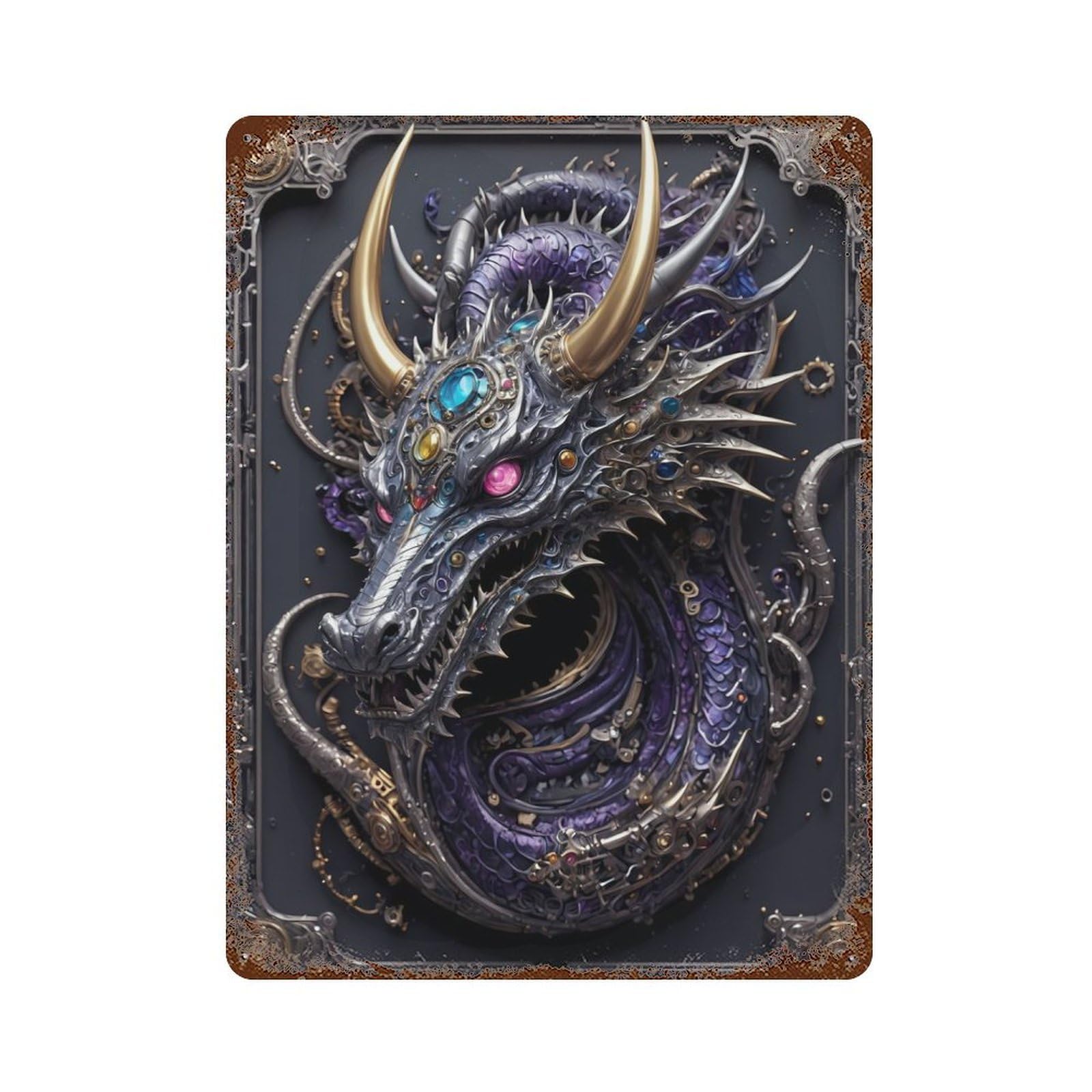 Aged Metal Wall Plaque with Steampunk Guardian Dragon Design 15.7"x11.8", for Farmhouse, Kitchen And Entryway Decor, Old School Wall Decor