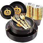 KIRE 25 Guest Halloween Plates Black Gold Plastic Plates Smiley Pumpkin include 50PCS Black &150PCS Gold Plastic Silverware&25PCS Clear Black Cups for Halloween Party