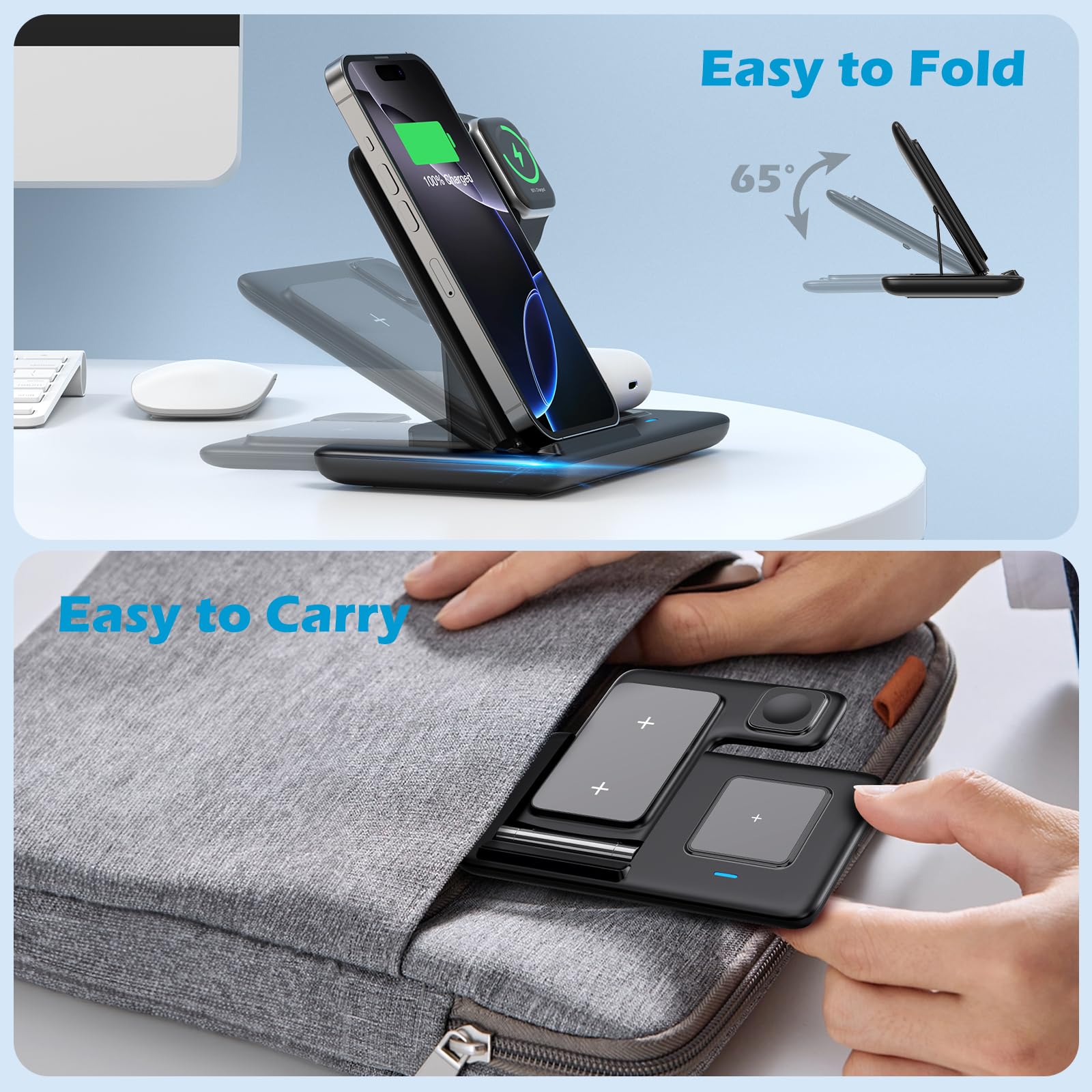Vunzo 3 in 1 Caricatore Wireless Stazione, 18W Ricarica Rapida Wireless Phone Charger Stand per iPhone 15/14/13/12/11/Pro/Max/XS/XR/X/8/Plus, Apple Watch 9/8/7/6/SE/5/4/3/2 e per 3/2/Pro casa