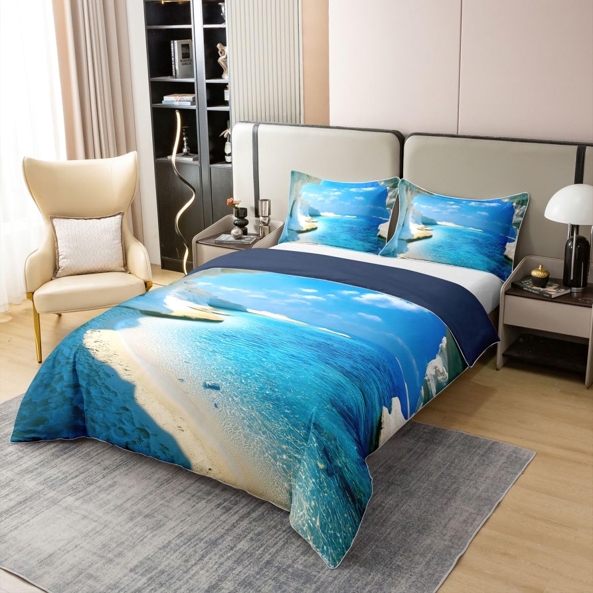 Homewish Set di biancheria da letto king size con paesaggio costiero in cotone con paesaggio oceanico accogliente per il tempo libero spiaggia trapunta vacanza spiaggia set letto
