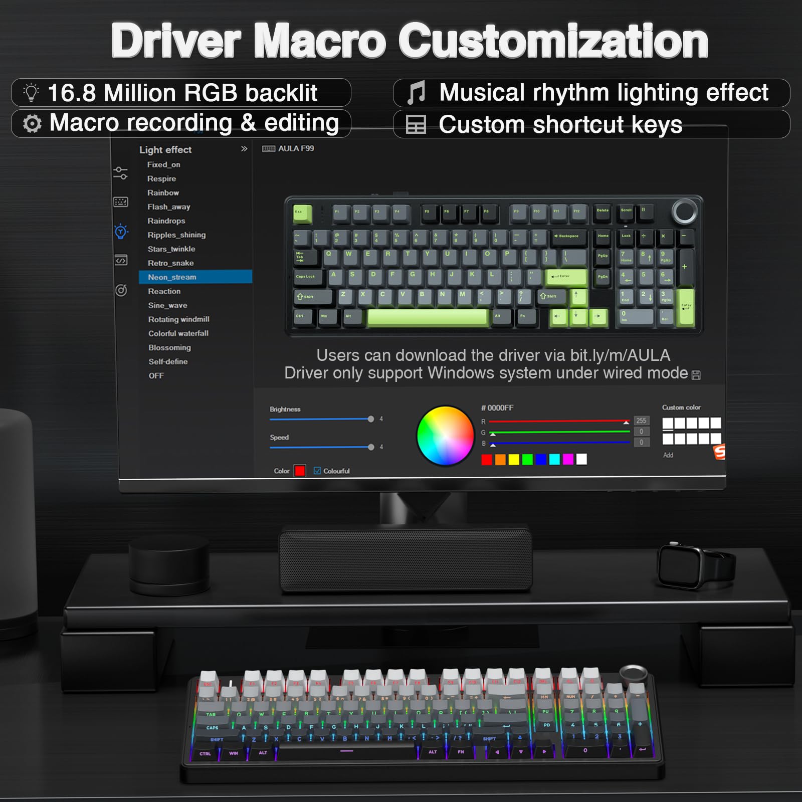 AULA F99 Pro Mechanische Gaming Tastatur,3-Modus Wireless Mechanische Tastatur mit Knopf,Fünfschichtige Polsterung Struktur,Seitlich Graviert,RGB,QWERTY,Hot-swap Custom Keyboard