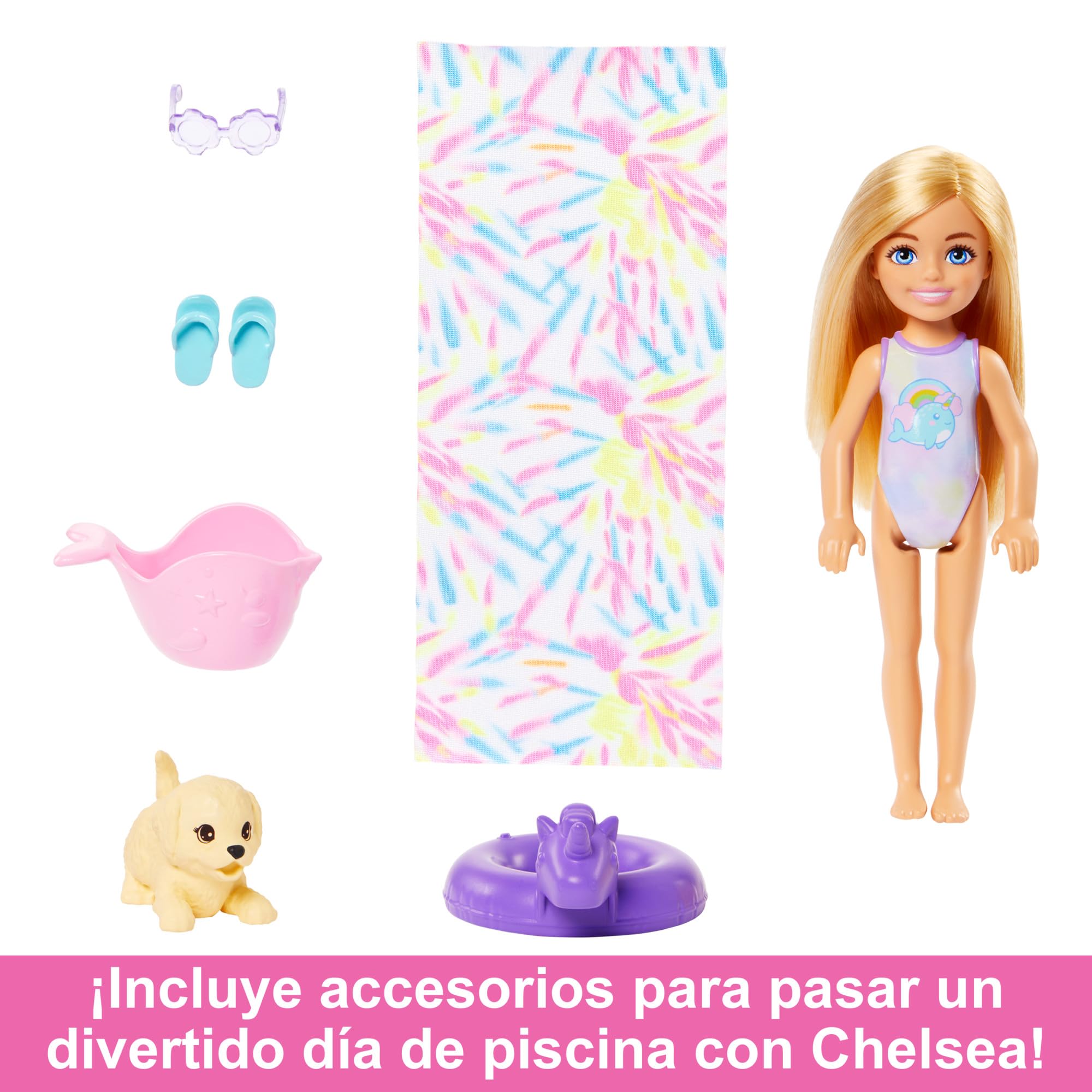 Barbie Chelsea Parque acuático tobogán arcoíris Muñeca con Set de Juego de Agua y Accesorios, Juguete +3 años (Mattel HTK39)