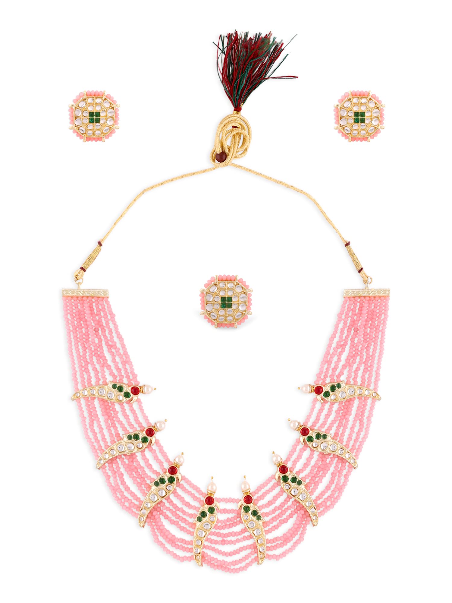 ZAVERI PEARLS Green & Pink Crystals Beaded Multistrand Parrot Choker Necklace Earring & Ring Set For Women-ZPFK14441 (B0B6P22ZNG) Amazon Price History, Amazon Price Tracker