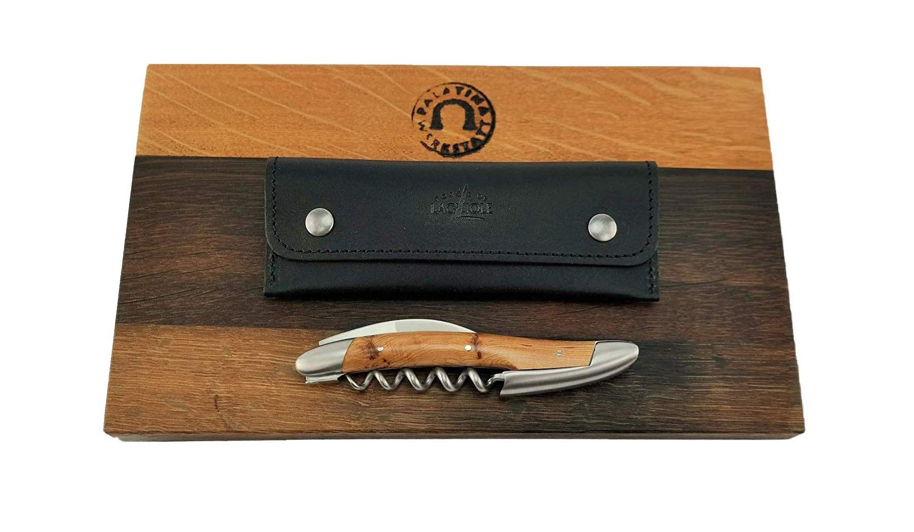 Forge de Laguiole Kellnermesser Sommelierbesteck - Griff Wacholder - Edelstahl matt inox+schwarzes Lederetui+Schneidebrett aus Fassholz (Eiche) 25x15 cm