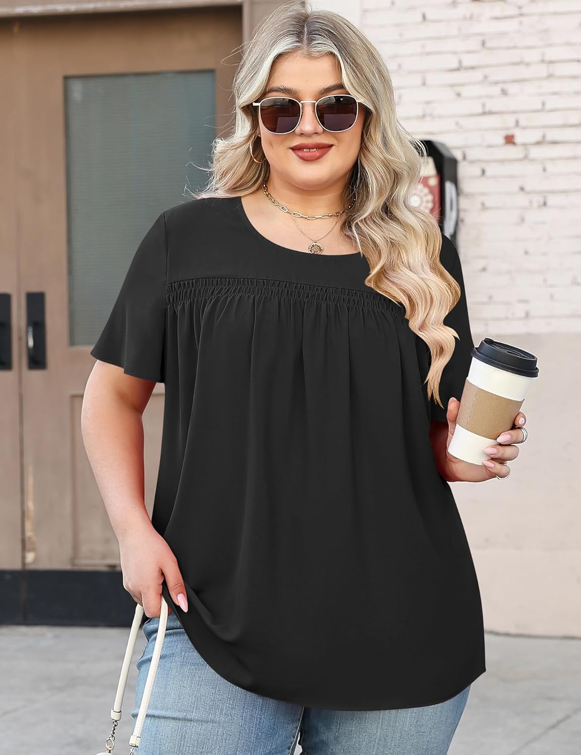 Micoson Womens Plus Size Tops Short Sleeve Dressy Chiffon Blouses Crewneck Shirts Loose Flowy Pleated Tunic - Image 3