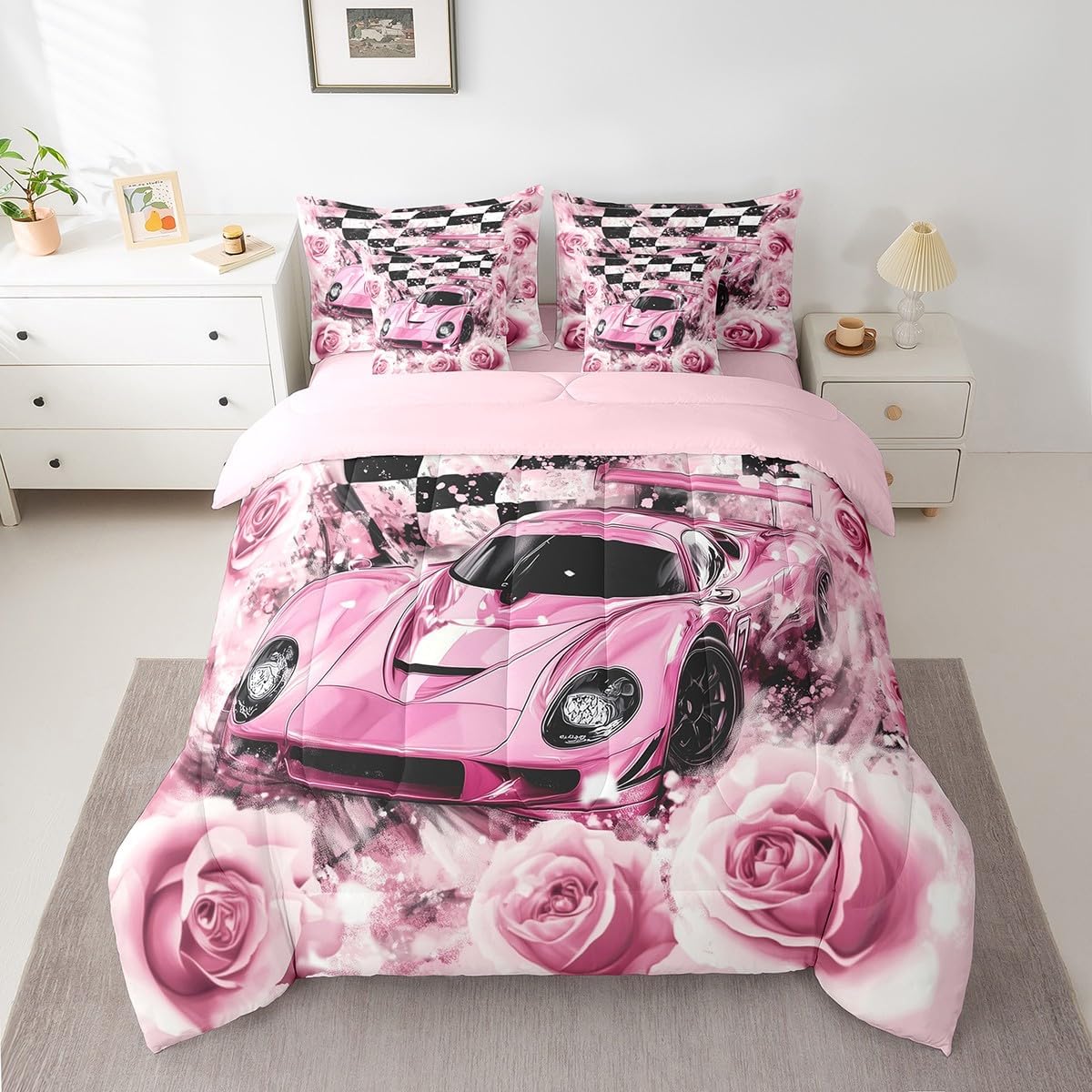 Manfei Racing Car Comforter Set in a Bag 7 Pieces,Pink Flower Rose Bedding Set,Quilt Double-Sided Printing Duvet,Twin (1 Comforter,2 Pillowcase,2 Pillow Covers,1 Flat Sheet,1 Fitted Sheet)