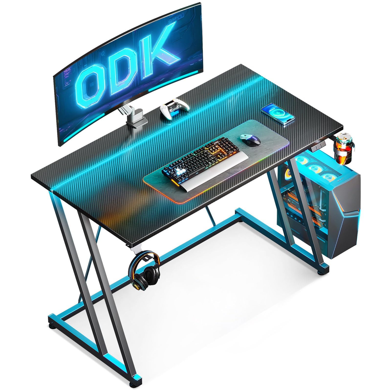 ODK Bureau Gaming avec Lumières LED et Prises électriques, 100 cm