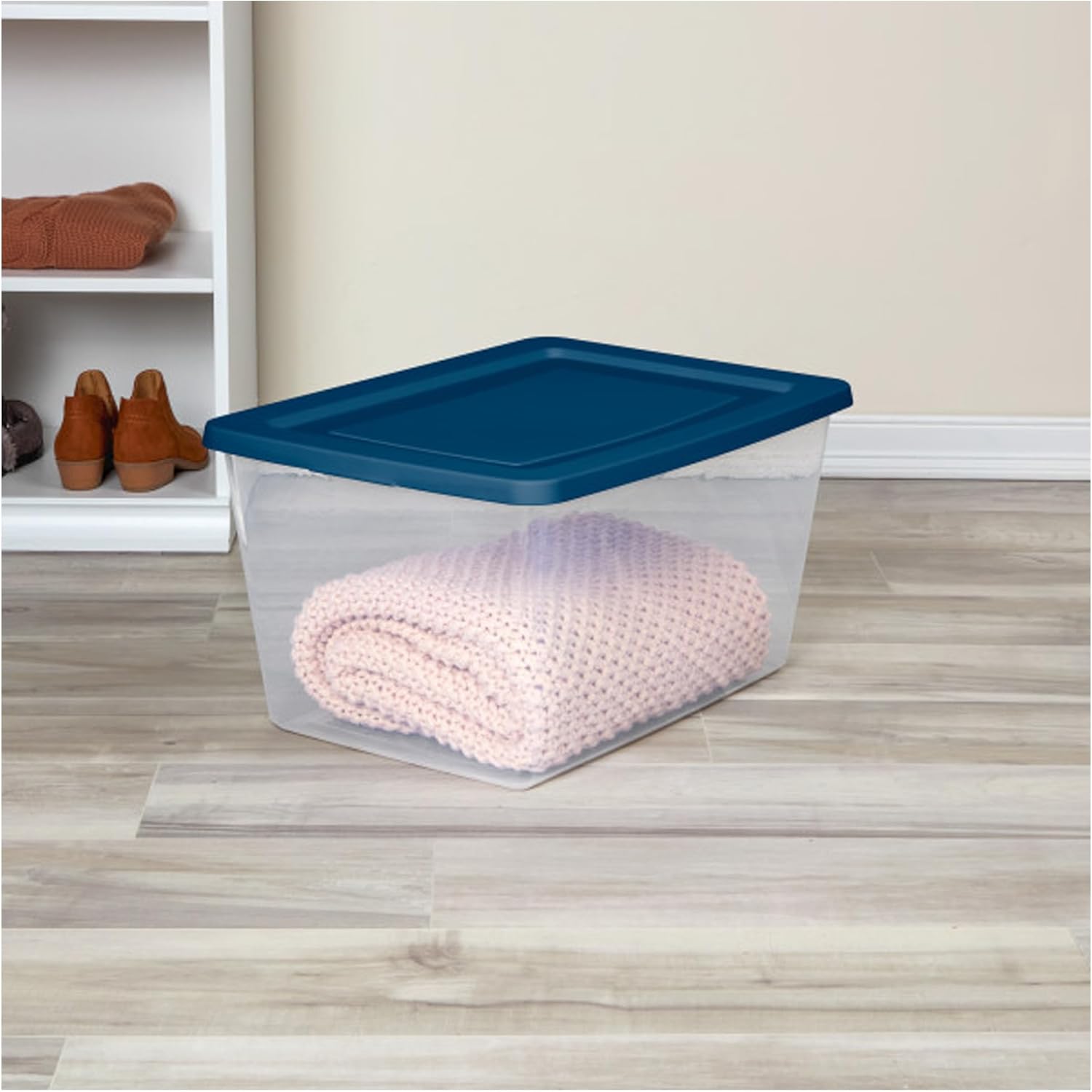 Sterilite 8 Pack Storage Boxes, Clear Plastic Stackable Containers, Lightweight Home Organizers with Snap Lids, 58 Quart, Marine Blue