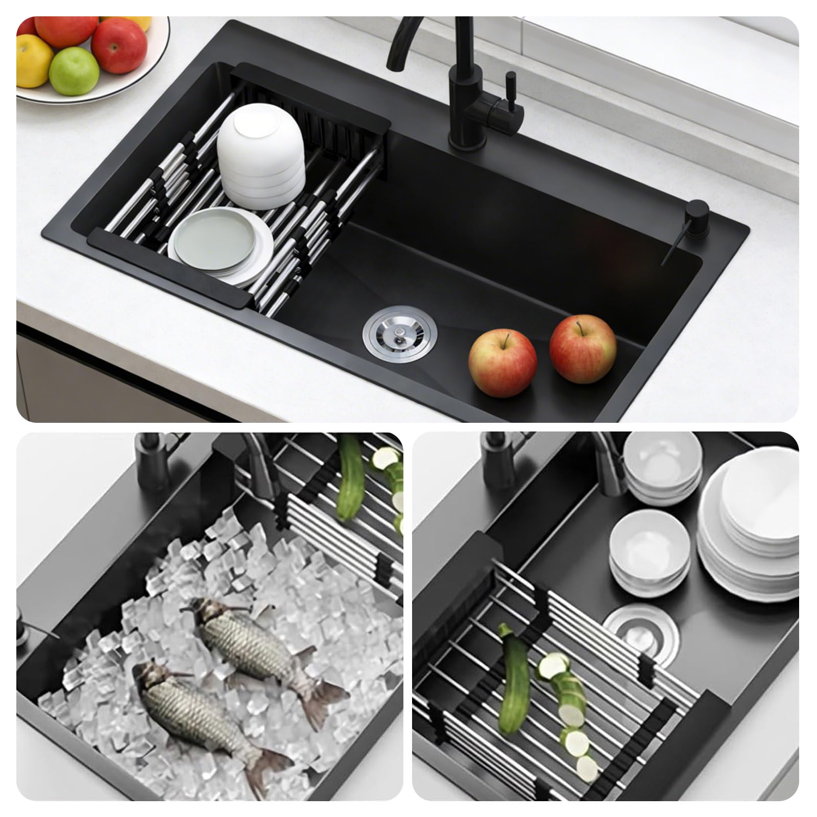 Fregadero Cocina 1 Seno Negro 80 x 45cm,Fregadero Cocina en Acero Inoxidable, Fregadero bajo Encimera o Sobre Encimera, con grifo, dispensador de jabón