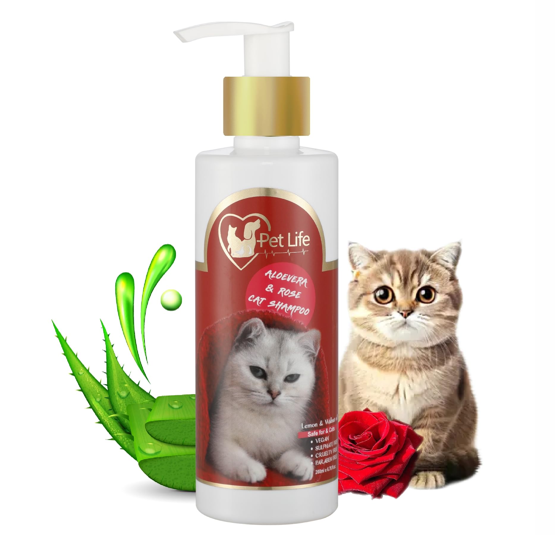 Pet Life Pure Organic Aloevera & Rose Cat Shampoo for Healthy Shiny Coat for Cats & Kittens Nourishing Hair, Healthy Coat & Shiny Body Wash – for All Cats Breeds - 200 Ml (B091NGGHF3) Amazon Price History, Amazon Price Tracker