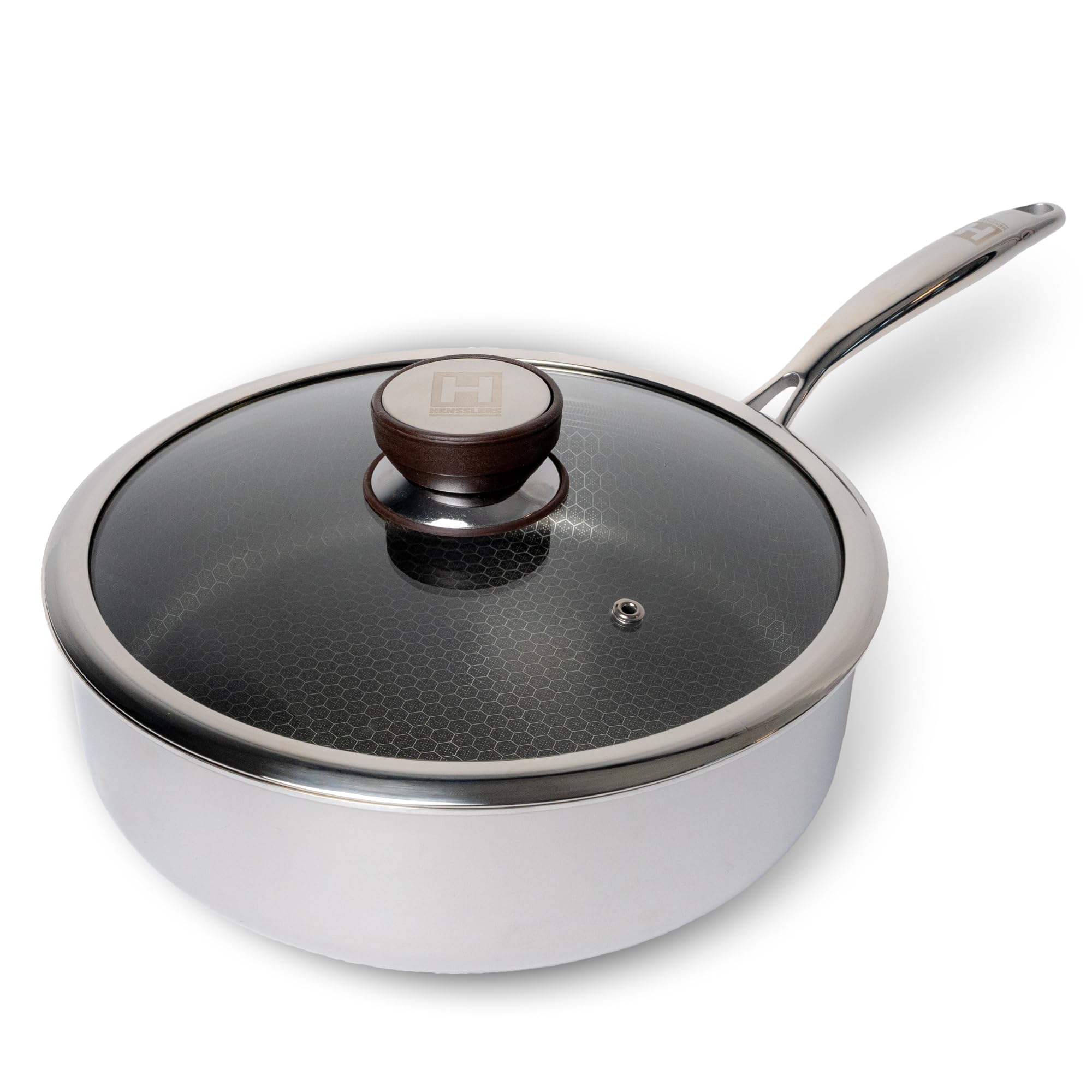 HENSSLERS® Sautepfanne 26cm mit Deckel [FÜR ALLE HERDARTEN INKL. INDUKTION] - Sauteuse Edelstahl - Pfanne Hoher Rand - Schmorpfanne mit Deckel für Induktion - Tiefe Pfanne mit Antihaftbeschichtung