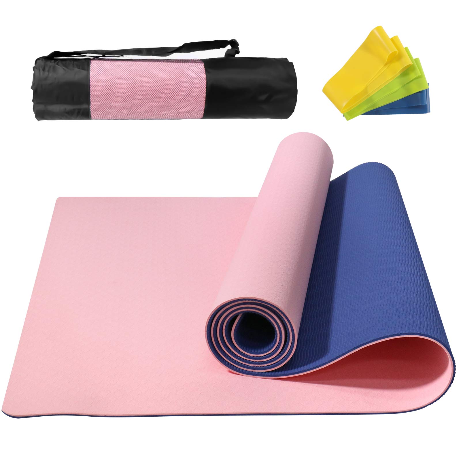Esterilla Yoga, Alfombrilla de Yoga Texturizada Antideslizante 3*Banda de Resistencia,1* Correa de Transporte para Ejercicios para Yoga, Pilates y Ejercicios de Piso 183x61x0.6 cm (Rosa-Azul)
