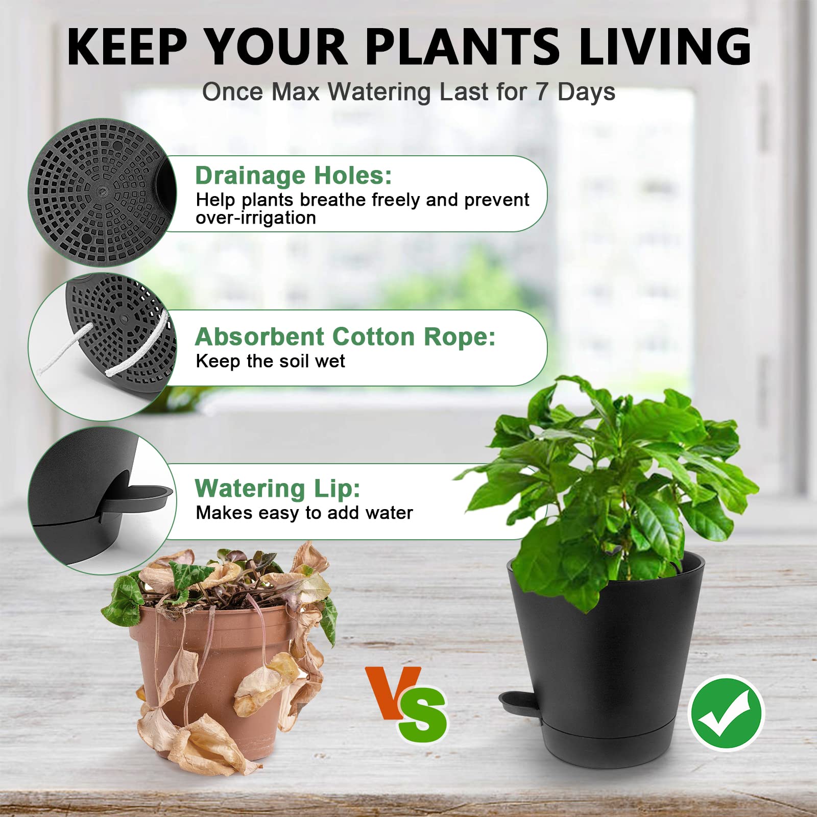 Plastic bloempot met irrigatiesysteem, set van 5 zelfbewatering buitenpot met onderzetter, plantenpotten voor binnen en balkon, tuin, planten, vetplanten, cactus (groen bruin Plastic bloempot met irrigatiesysteem, set van 5 zelfbewatering buitenpot met onderzetter, plantenpotten voor binnen en balkon, tuin, planten, vetplanten, cactus (groen bruin
