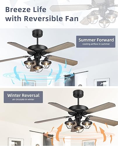 Miniatura 3 de YOUKAIN Farmhouse - Ventiladores de techo de madera, ventilador de techo industrial de 52 pulgadas con 3 luces y control remoto, 5 aspas reversibles
