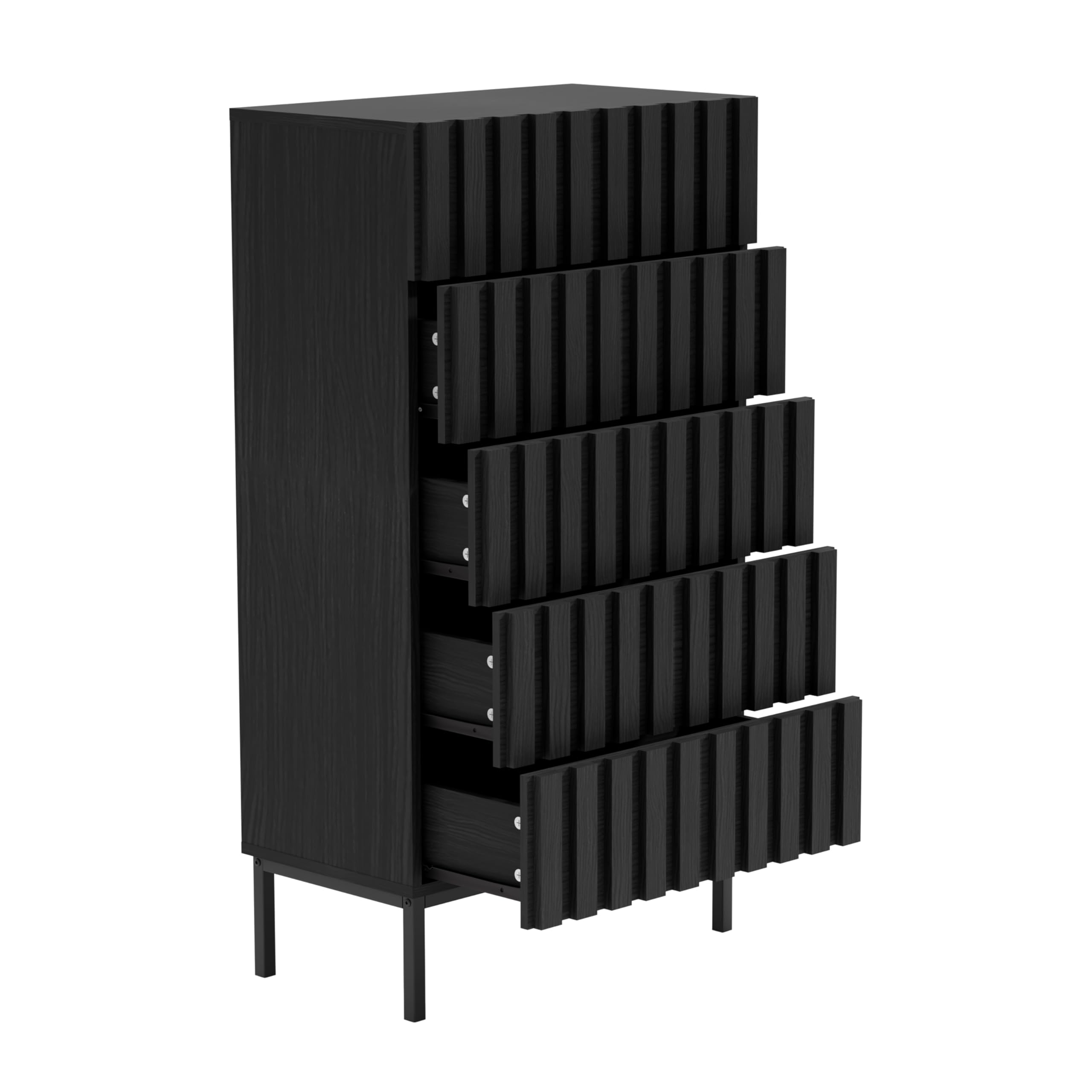 UEV Cassettiera Naturale con 5 Cassetti, Settimino Salvaspazio con Motivo a Doghe di Legno, Cassettiere Camera da Letto Solida e Stabile con Design Antiribaltamento, 60 x 34 x 110 cm, Nero