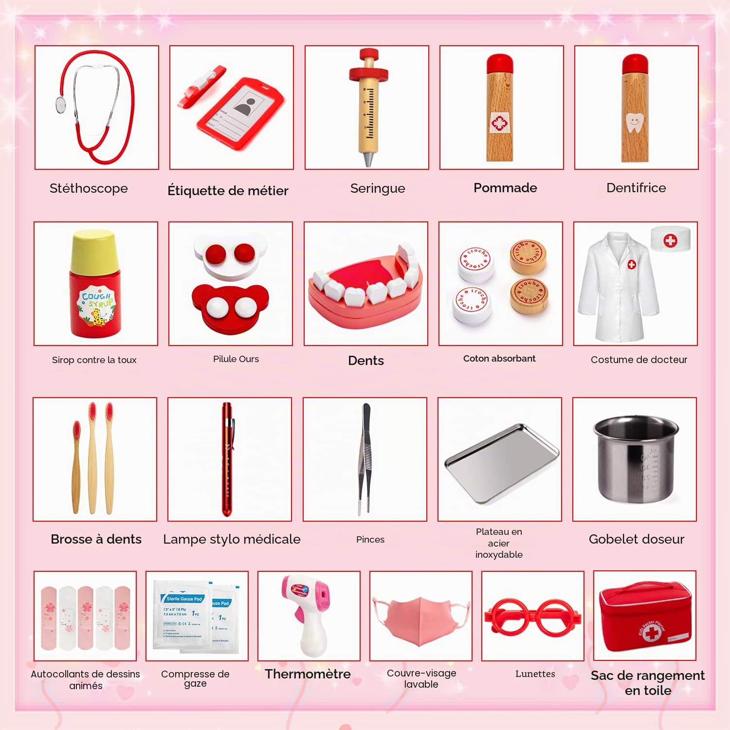 Sundaymot Malette Docteur Enfant Médecin Jouet Bois avec stéthoscope véritable, thermomètre, Mallette de Dentiste, Blouse de Docteur, Cadeau médical de Jeu de rôle Rouge pour Filles garçons 3 4 Ans