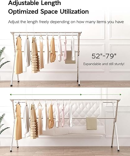 Miniatura 7 de Tendedero plegable de 95 pulgadas para interiores y exteriores, estante de secado plegable, de acero inoxidable resistente, 20 ganchos y 12 clips