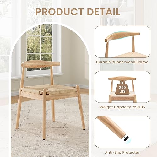 Miniatura 7 de STARY Juego de 4 sillas de comedor modernas de mediados de siglo con cuerda tejidaasiento de piel sintética y patas de madera maciza, sillas