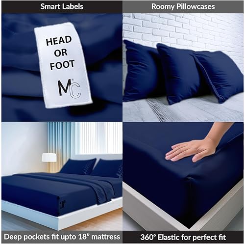 Miniatura 4 de Sábanas de algodón egipcio de lujo, 1000 hilos, ultrasuaves y transpirables, bolsillo extra profundo de 18 pulgadas, juego de 4 piezas, azul marino,