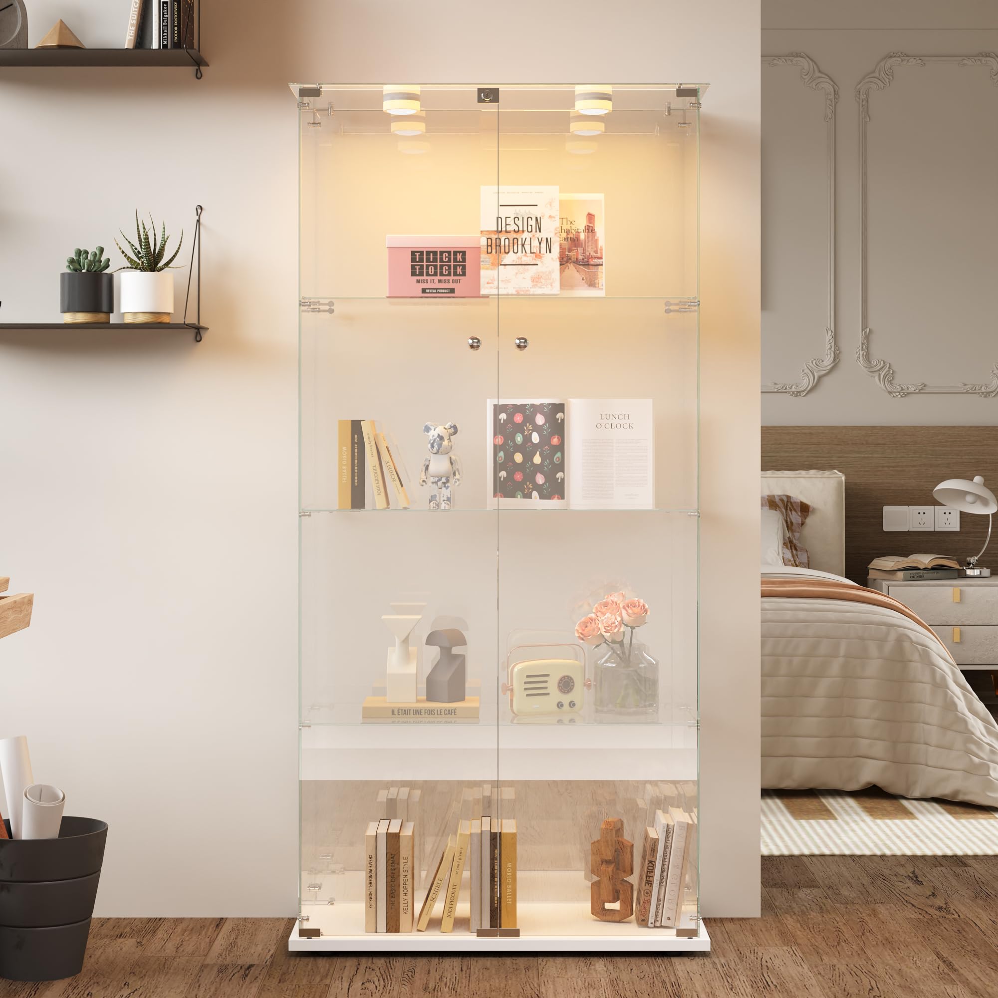 Vitrina de cristal con LED, vitrina de cristal con 4 estantes y 2 puertas, vitrina de vitrina expositora de columna, vitrina de vidrio transparente, vitrina expositiva de vidrio, blanco