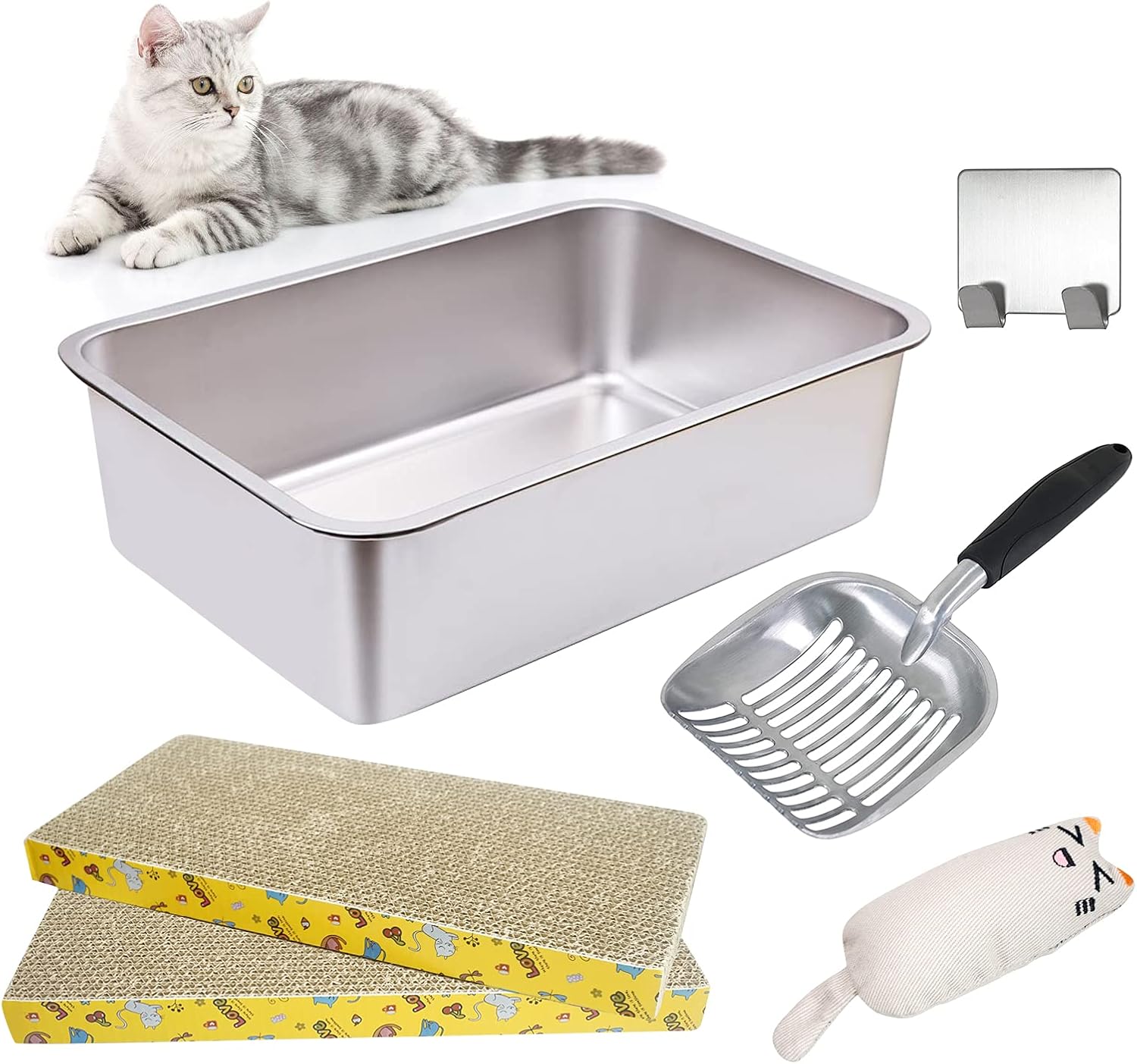 SIVEIS Stainless Steel Cat Litter Box for Two Cats, Large Size Cat Litter Tray with Cat Litter Scoop and Cat Scratching Pads No Odor,…