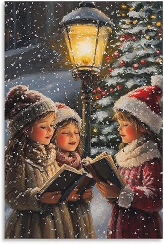 Lienzo Decorativo Para Pared, Diseño De Villancicos Navideños, Impresión De Navidad Vintage, Tres Niñas Cantando Bajo La Lámpara De Calle De