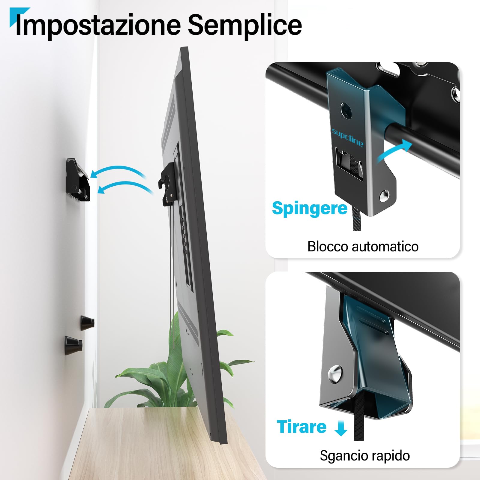 Supcline Supporto TV Parete da 26-65 Pollici fino a 70KG, Staffa TV Senza Viti Prigioniere con VESA Massimo 400x400mm, Porta TV a Basso Profilo in Cartongesso, Facile Installazione