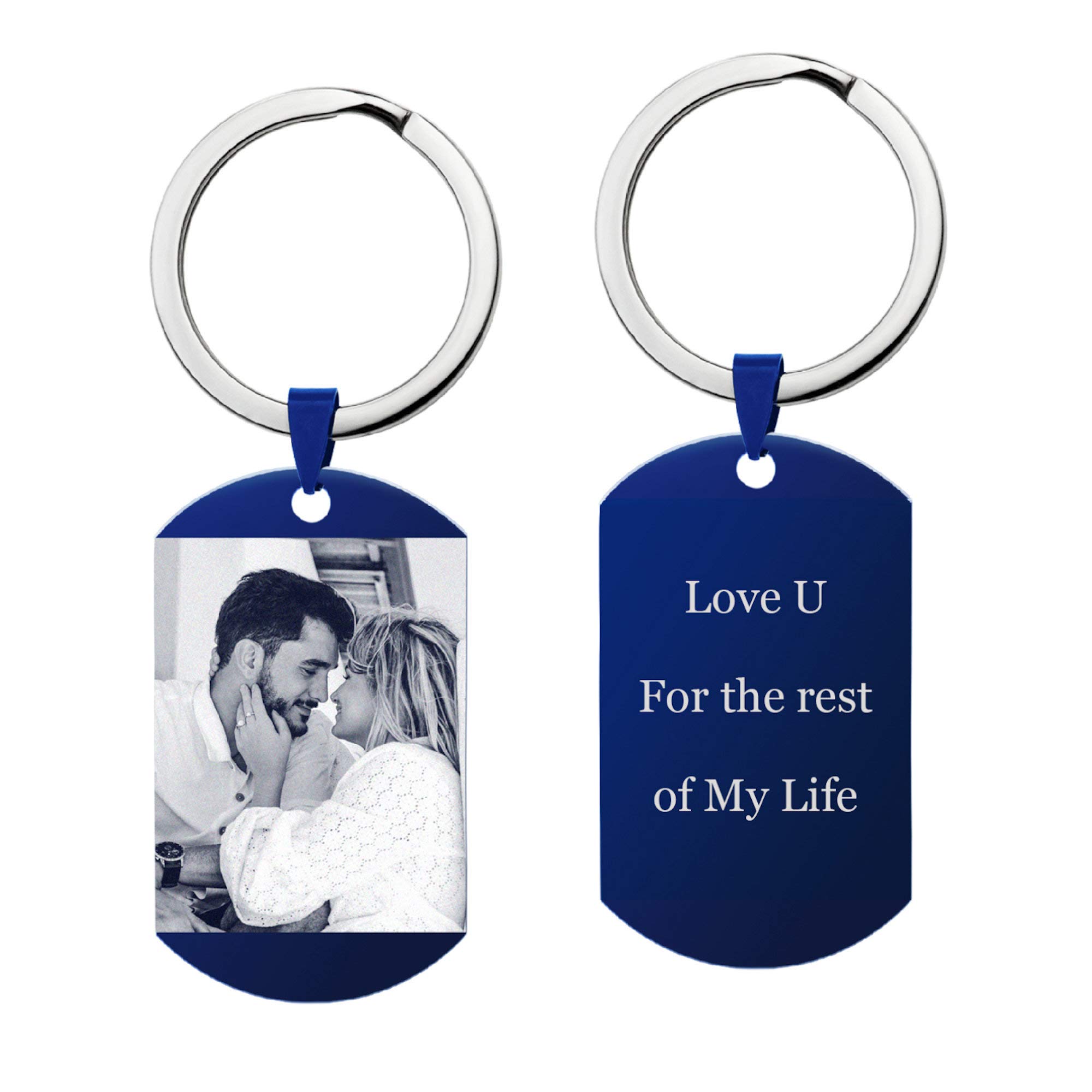 Personalizado grabado personalizado foto texto perro etiqueta colgante llavero azul