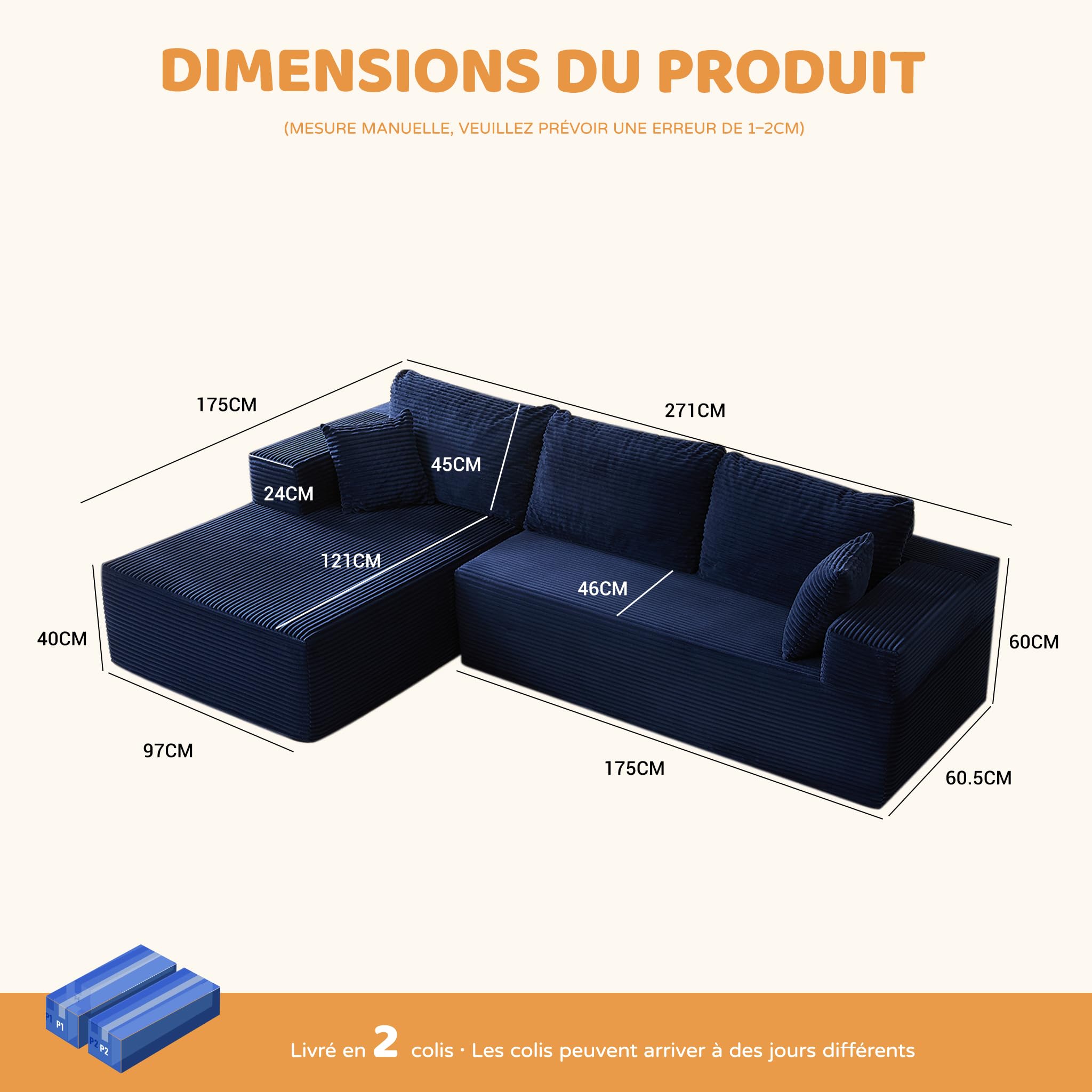 Canapé d’Angle modulable en L avec Fonction lit – Grand canapé Convertible rembourré en Tissu côtelé – Canapé-lit Confortable pour Salon,Bleu Marine | Méridienne Gauche, Assise Profonde, Sans Montage, Mousse Haute Densité, Soutien Stable