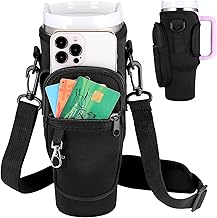 Huiguli Bolsa de Botella de Agua para Stanley Cup 40 oz, Accesorios Stanley Cup con Correa Ajustable y Teléfono Bolsillo, Soporte para Botella de Agua para Senderismo Viajes Camping (Negro)