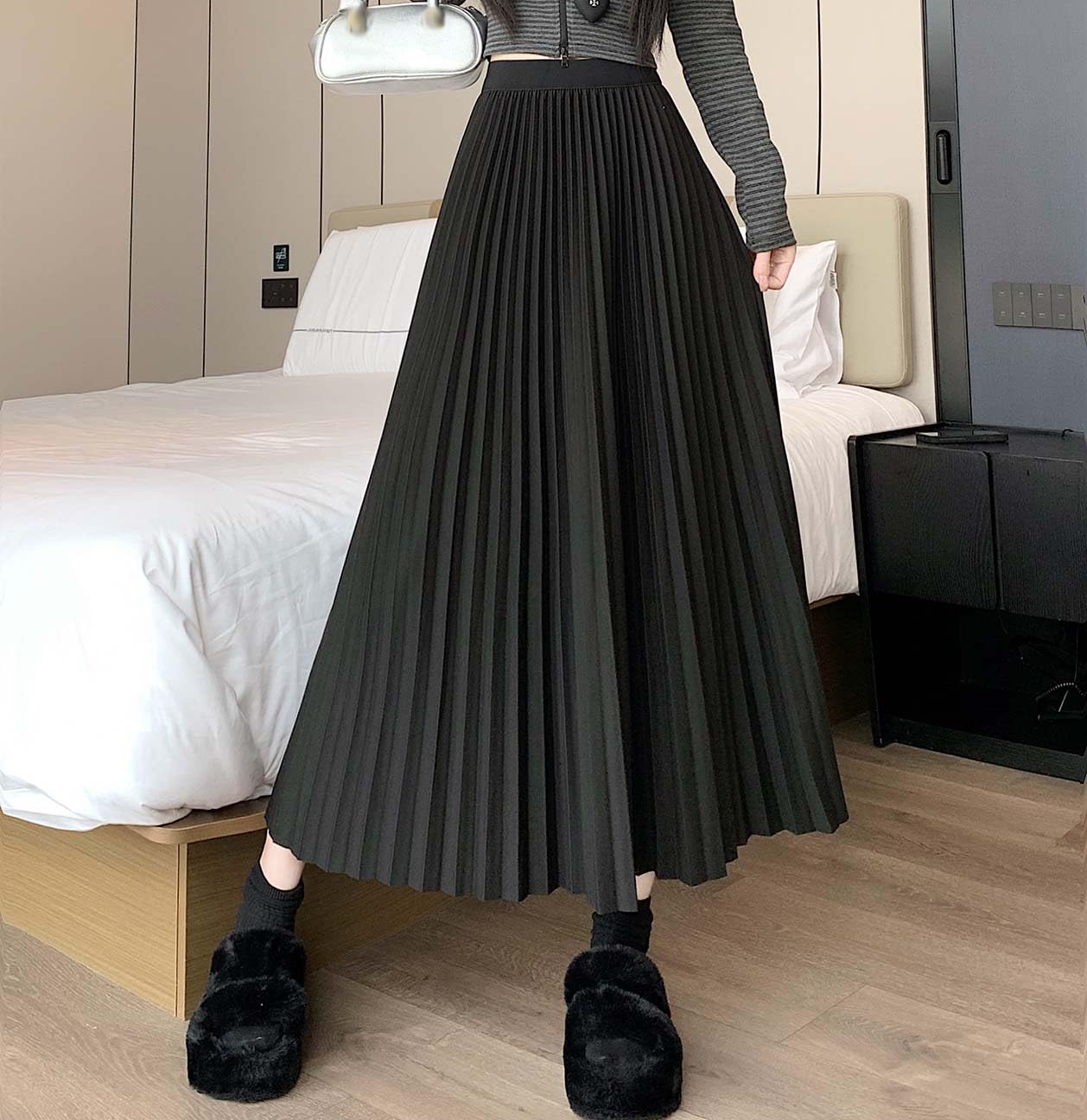 Maxi gonna a pieghe da donna autunno inverno a vita alta elastica A-Line gonne lunghe per le donne alla moda caviglia taglie forti