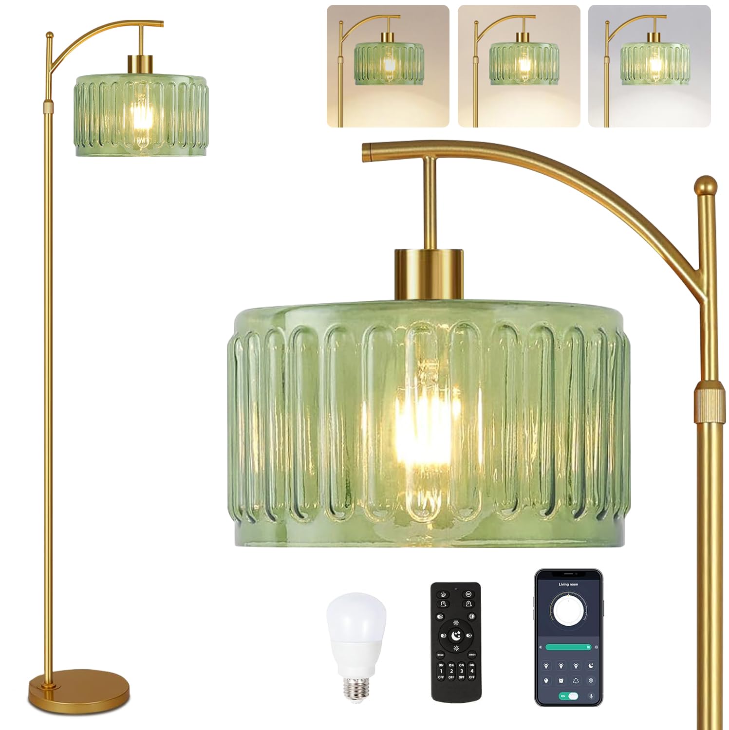 ILLMTW Glass Floor Lamp for Living Room,Bedroom,Gold Mid Century Modern Standing Lamp with Remote,Dimmable Brass Tall Lamp Vintage Retro Green Arc Flower Floor Light Boho Bohemian
