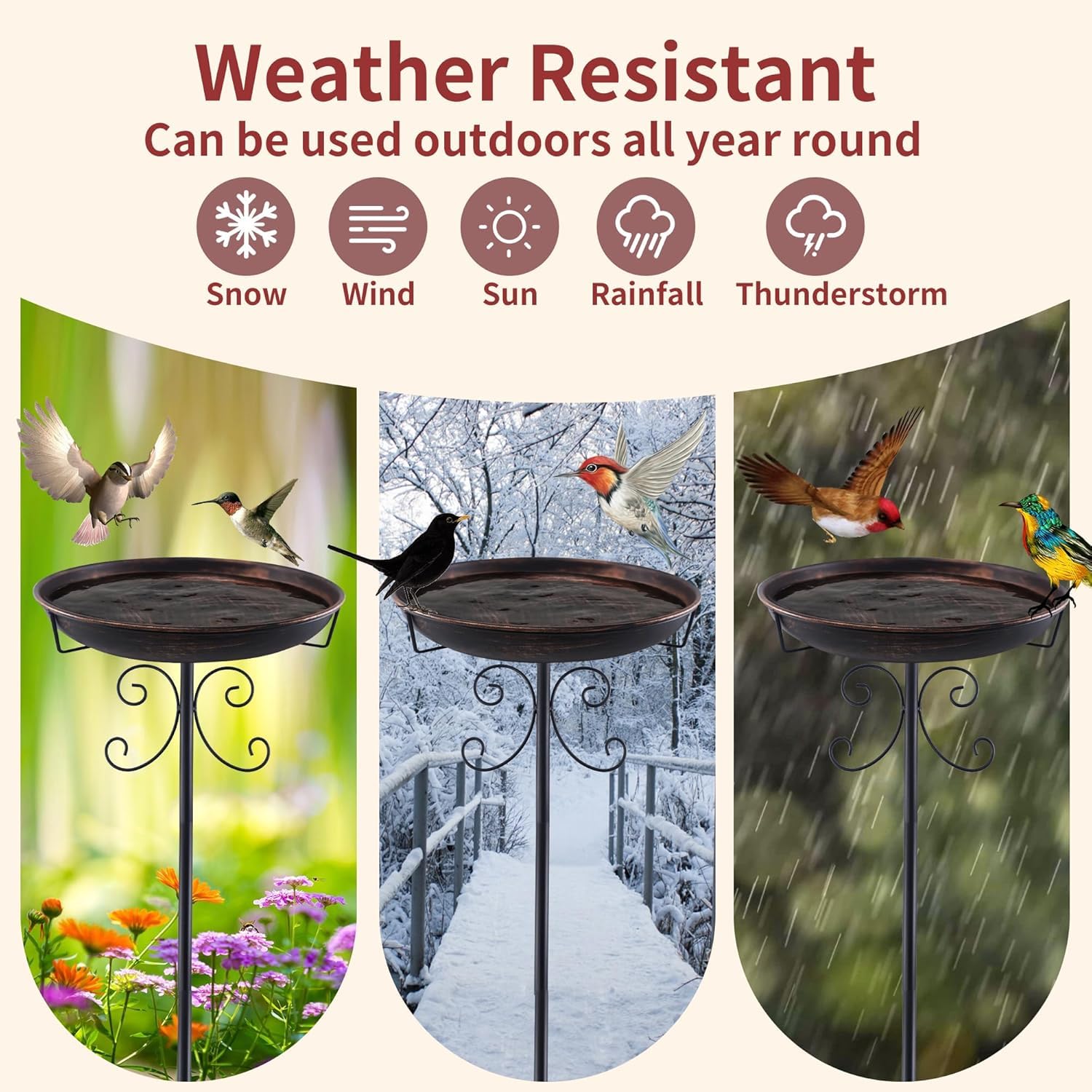 Vogeltränke Stehend, Vogelbad für Draußen Garten mit 5-Prong Basis – Großes Metall Vogelbecken Ø31 cm, Rostfrei & Wetterfest, Antike Vogeltränke Futter Wasserschale Terrasse Garten Deko, Antike Bronze