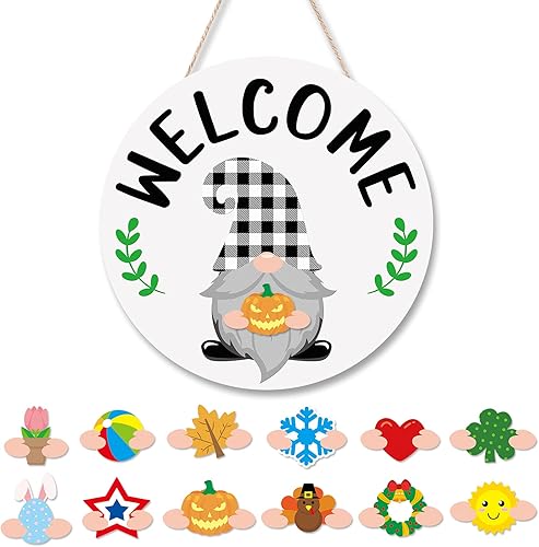 Distaratie Letrero de bienvenida intercambiable de gnomo de primavera de temporada para puerta delantera, decoración de Pascua, colgante de puerta