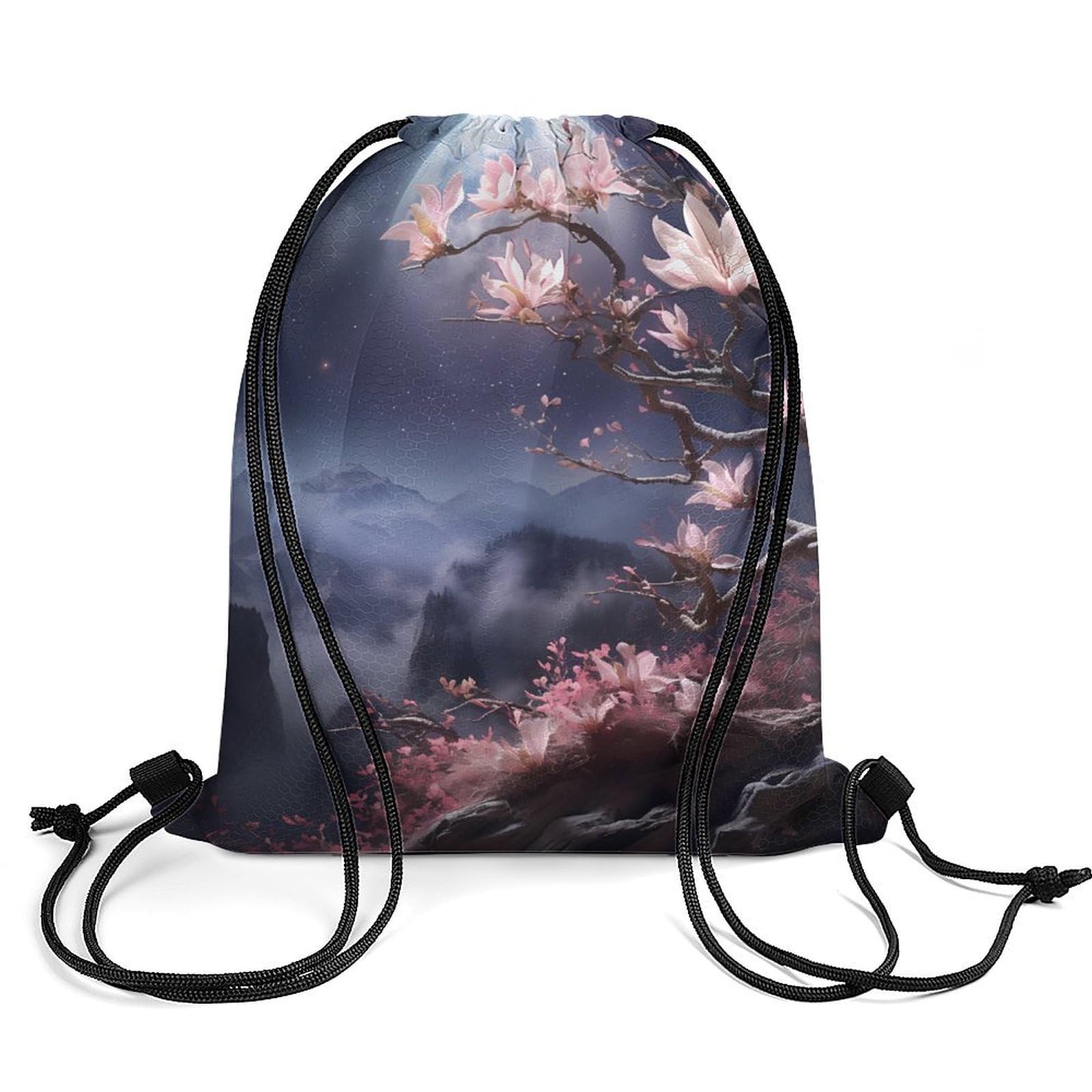 Black And White Full Moon with Magnolia Flower Drawstring Backpack Durable Sport Gym Bags Daypack for Men Women 35 * 42cm
