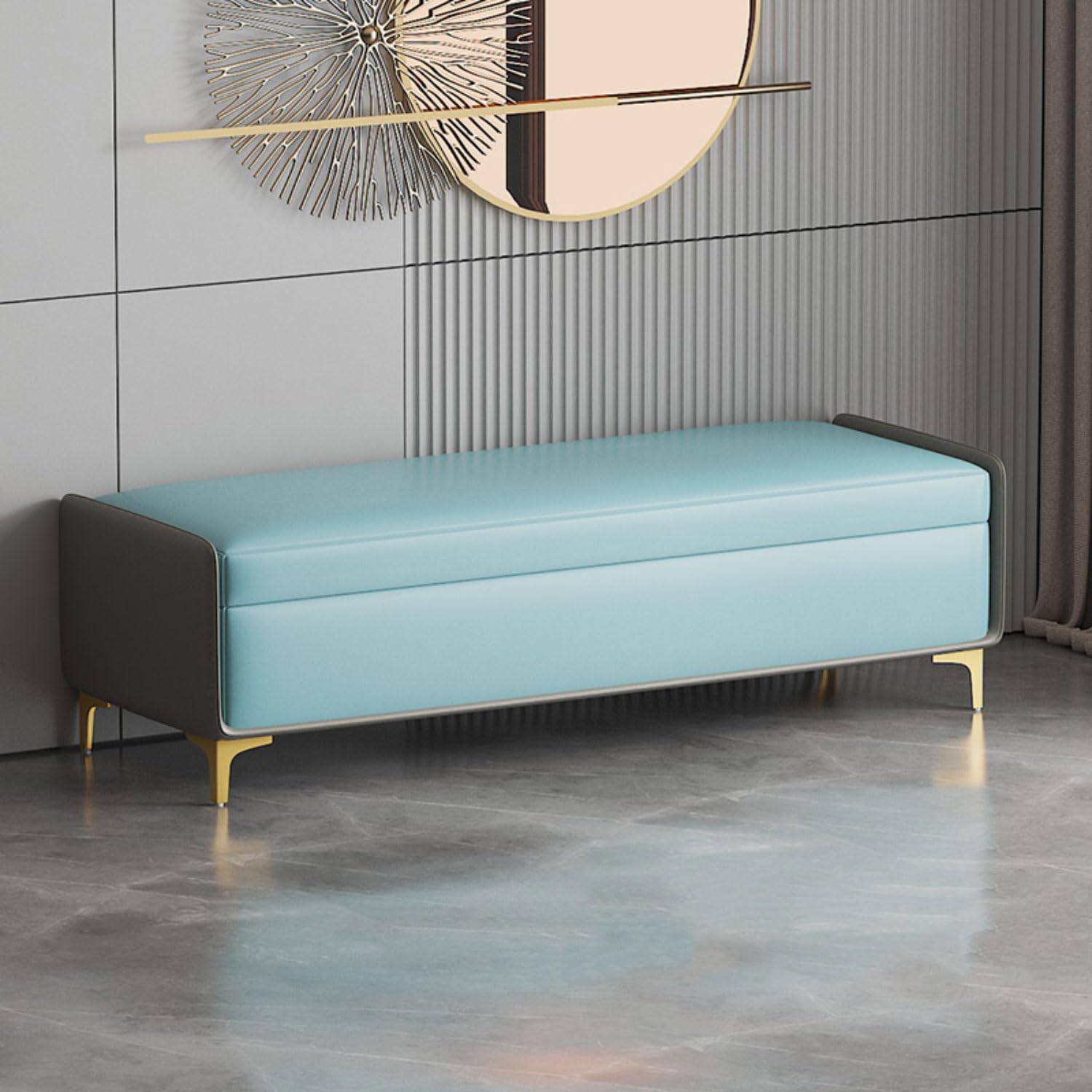 Banc ottoman de rangement en cuir rembourré et finitions métalliques haut de gamme