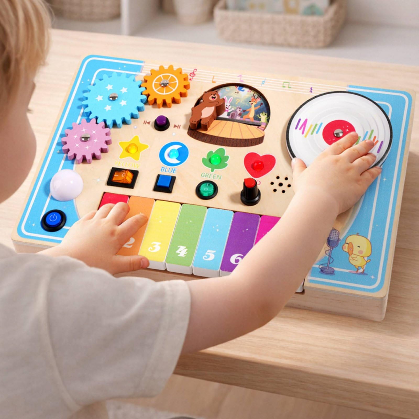 Colcolo Children Music Board Tavola Sensoriale Legno Piano Giocattolo Pannello Attività con Tastiera Rotella Ingranaggi Pulsanti Elementi Scorrevoli per