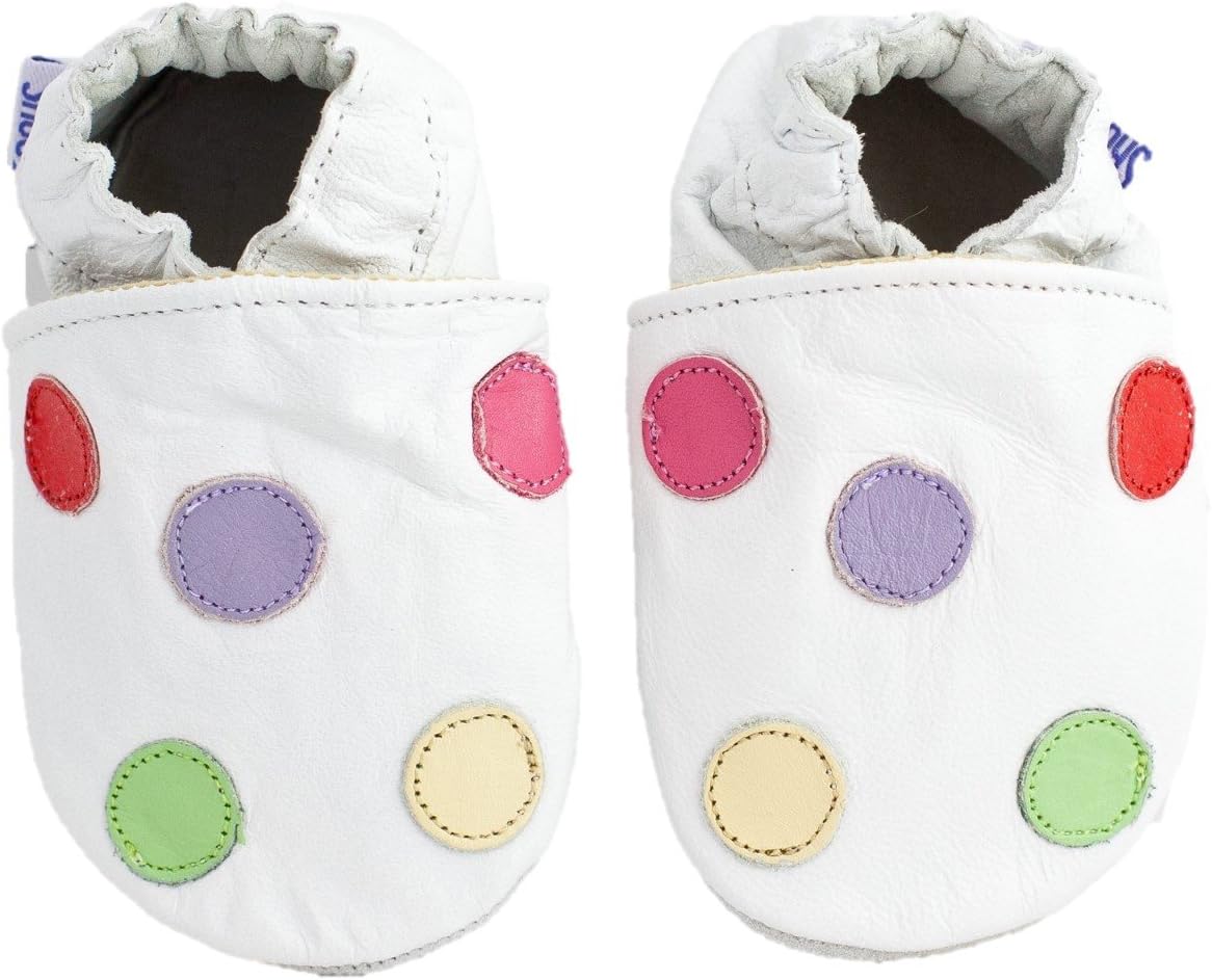 Soft Leather Baby Shoes White with Multi-Coloured Spots