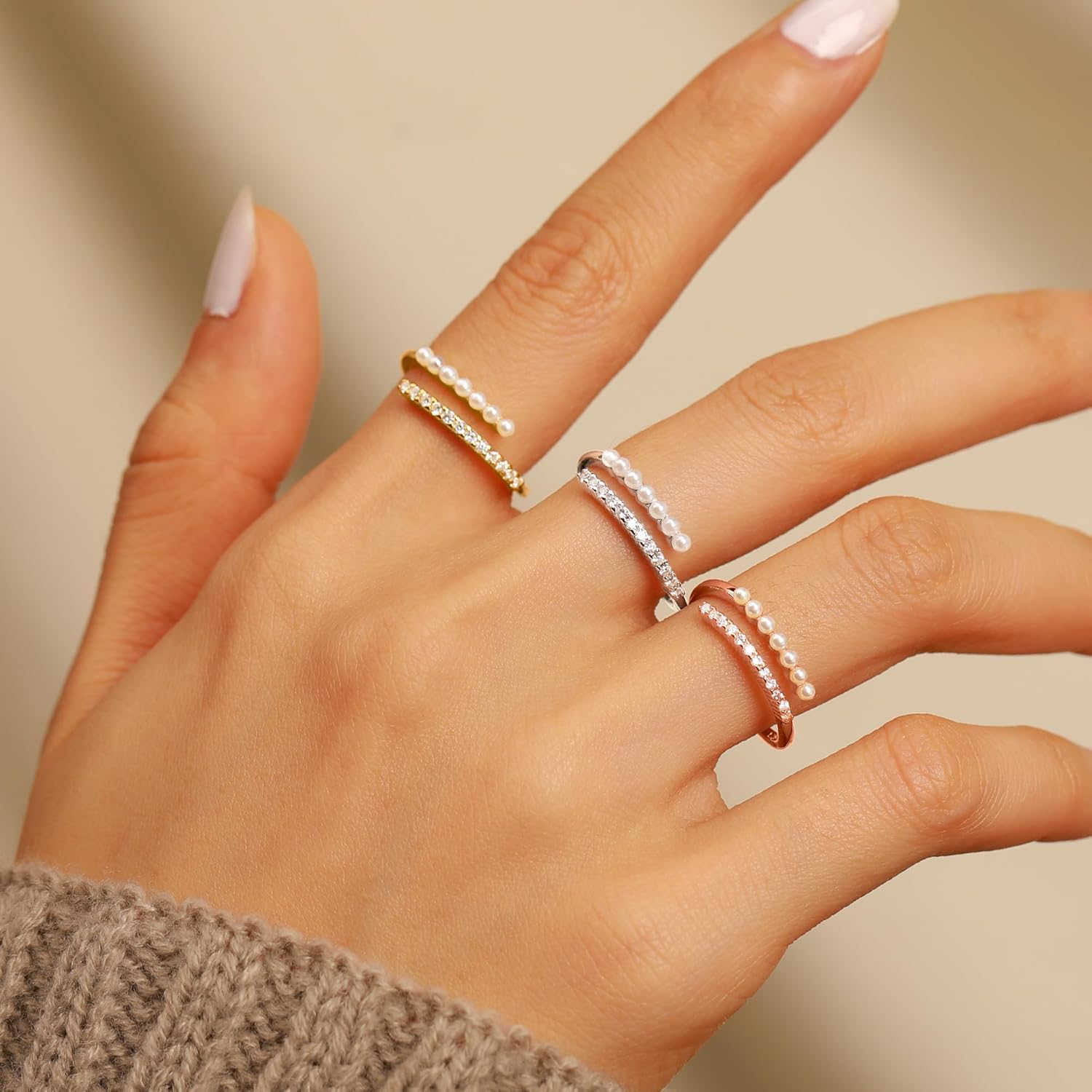 Pearl Rings for Women Dainty 925 Sterling Silver 14K Gold Plated Pearl Stackable CZ Open Wrap Rings Fashion Statement Wedding Band Ring Valentine's Day Birthday Summer Ocean Jewelry Gifts - Image 4