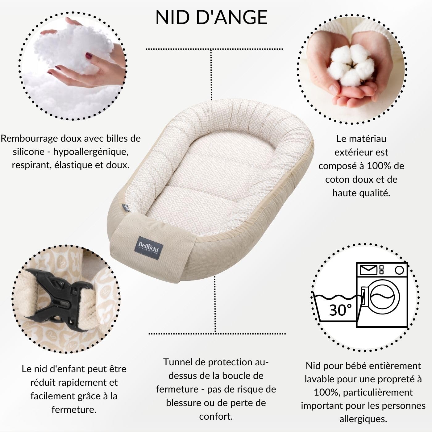 Bellochi Reducteur de Lit Bebe, Cale Bebe pour Lit, Cocon Bebe - 100% Coton, 0-12 Mois - Nid de Bebe, Baby Nest - 90x60 cm (Lux)