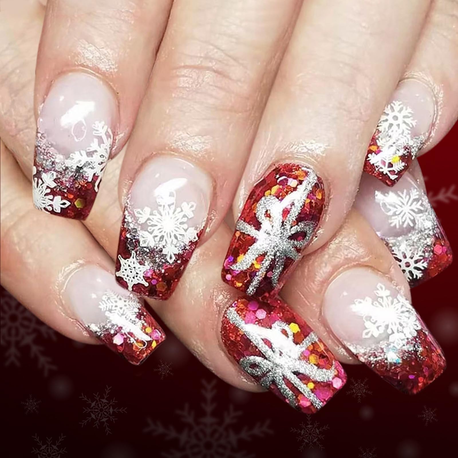 christmas nails press ons: red fake nails — glitter false nail with star design french tip glue on nail — artificial acrylic glossy full cover short square stick on nail for women manicure (24 pieces)