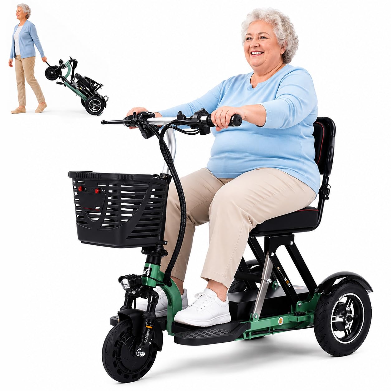 Scooter Elettrico Pieghevole a 3 Ruote per Anziani, con Batteria Rimovibile; Ideale per Anziani E Persone con Disabilità, Portata 120 kg Green