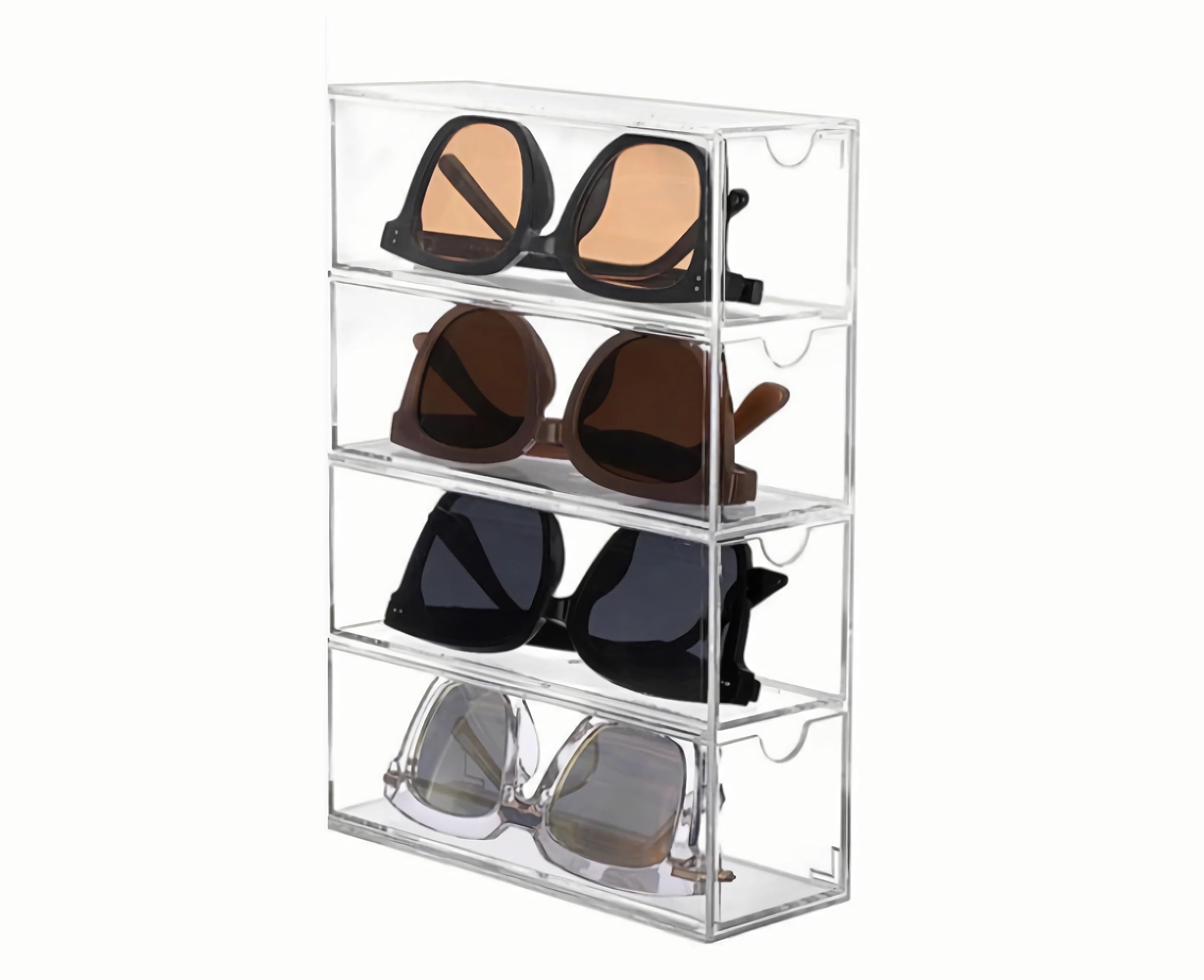 KNC Acrylic Eye Glass Storage Organizer Box with 4 Clear Divided Drawers for Sunglasses Stackable Cosmetic Jewelry Makeup Tabletop Coffee Pod Display Organizer Holder?Clear