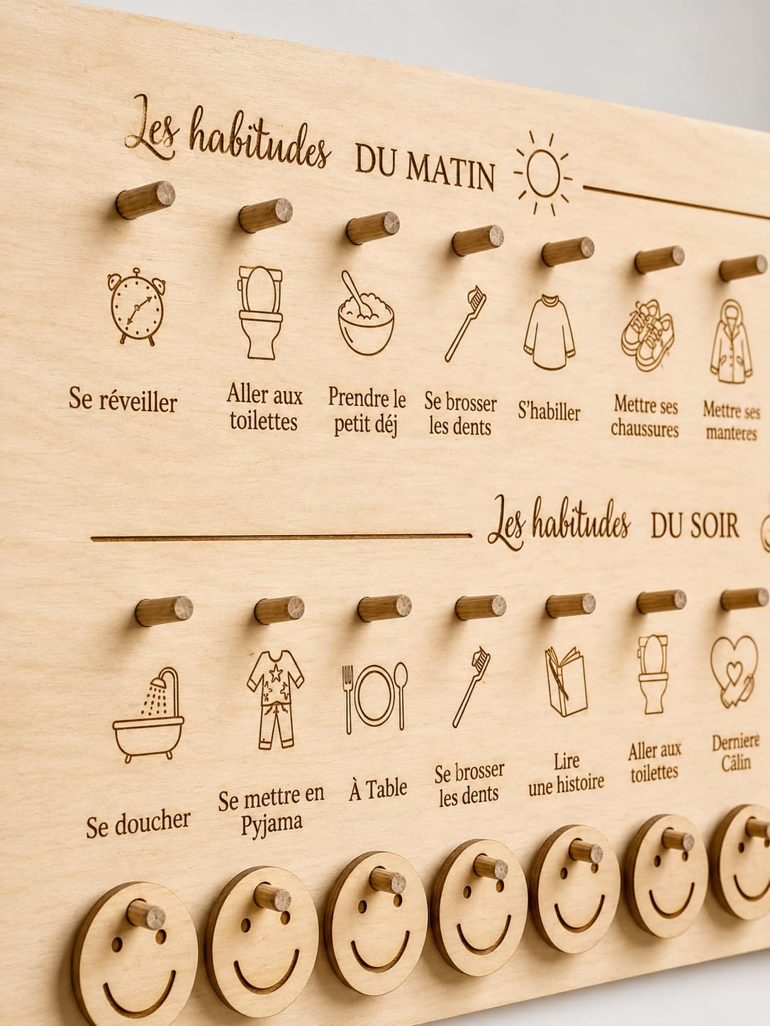 Tableau Routine Enfant Montessori Bois – Planning Journalier Habitudes Quotidiennes Matin Soir – Autonomie Enfant Smileys
