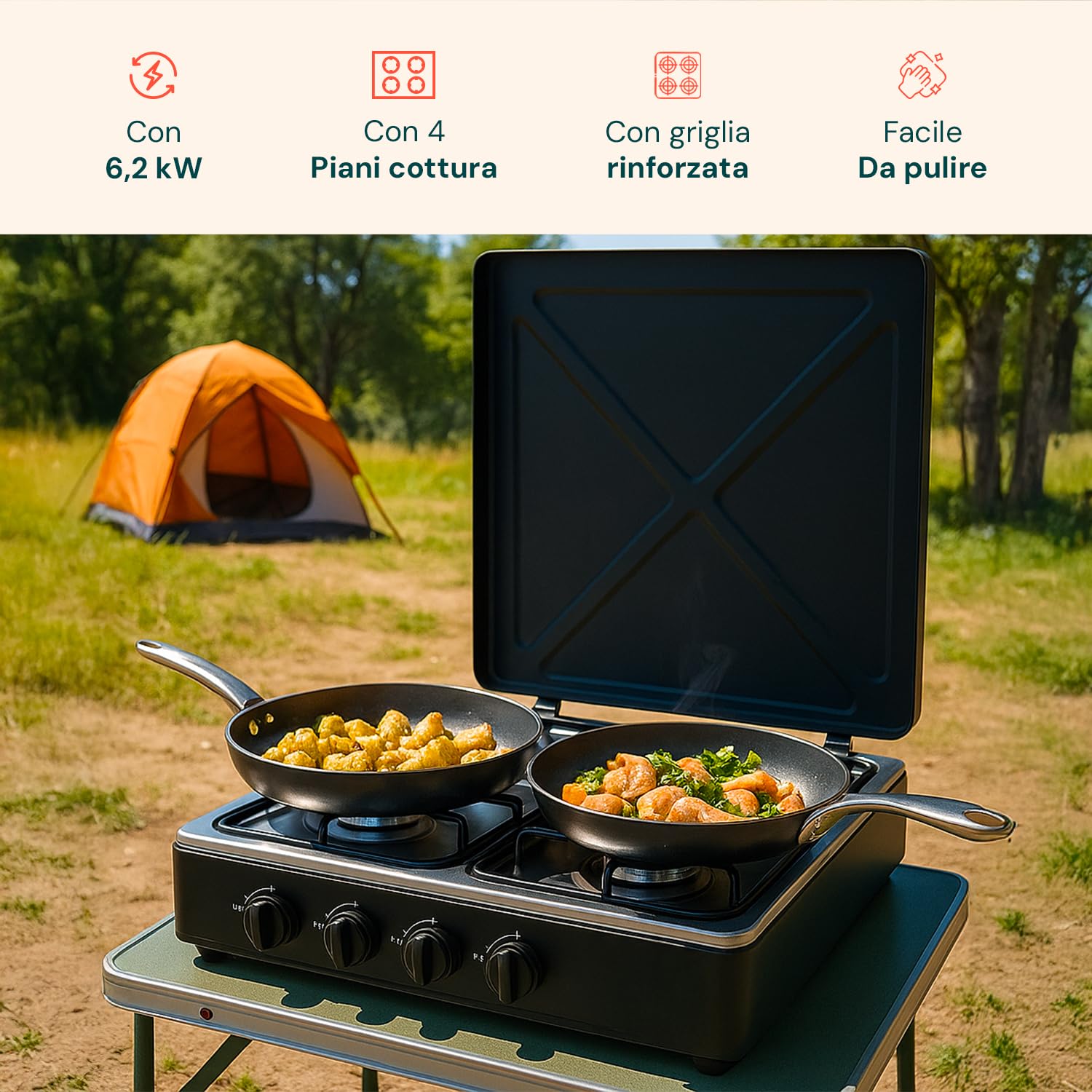 Avilia - Piano Cottura 4 Fuochi Gas Professionale con Griglia Rinforzata in Acciaio per Uso Interno ed Esterno, Facile da Usare, Ideale per Campeggio e Cucina Outdoor