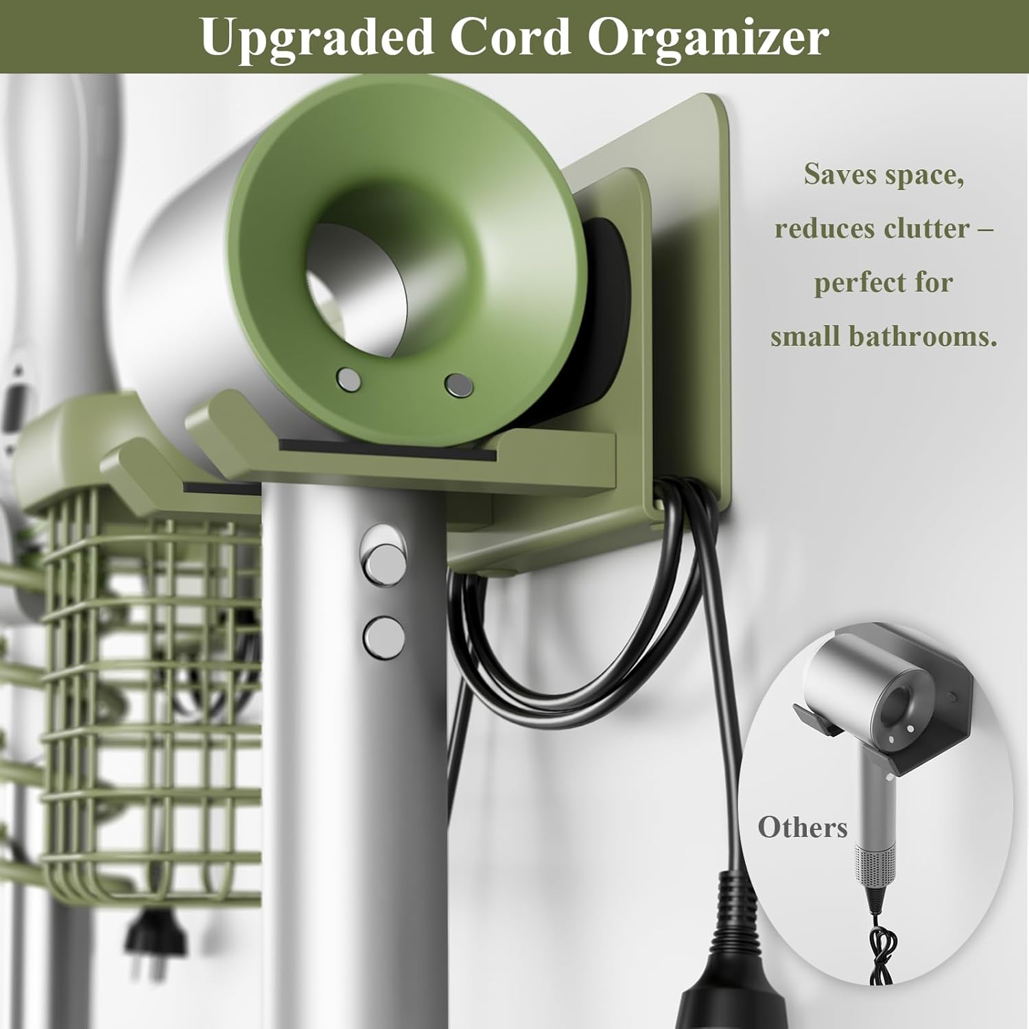 Tindbea Upgraded Aluminum Alloy Hair Dryer Holder Wall Mounted with Built-in Cord Wrap,3-in-1 Hair Tool Organizer for Blow Dryer, curling iron, and straightener, Green