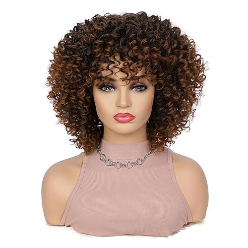 Miniatura 2 de Lady Hanne Peluca rizada afro con flequillo, pelucas afro rizadas cortas para mujeres negras, 12 pulgadas, pelucas rizadas sintéticas marrón