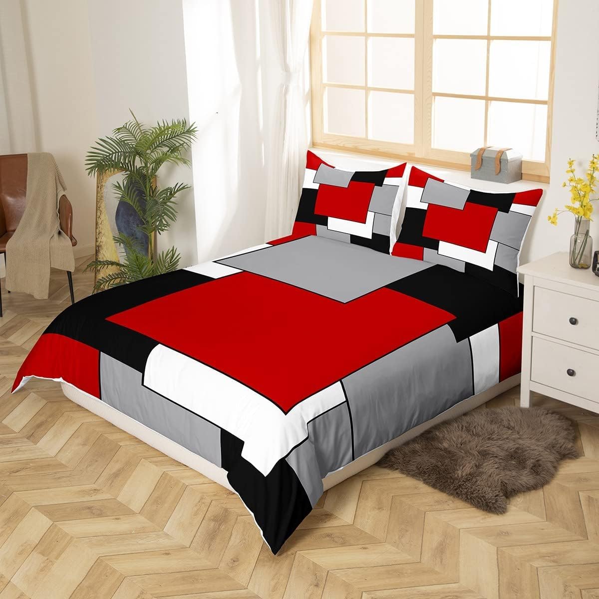 Funda Nordica Cama 105 Negro Rojo - Ropa de Cama Microfibra Suave, Funda Nórdica Gris Blanco Funda Edredon 200x200 cm y 2 Funda de Almohada 50x75 cm, 3D Funda de Edredón 5643z
