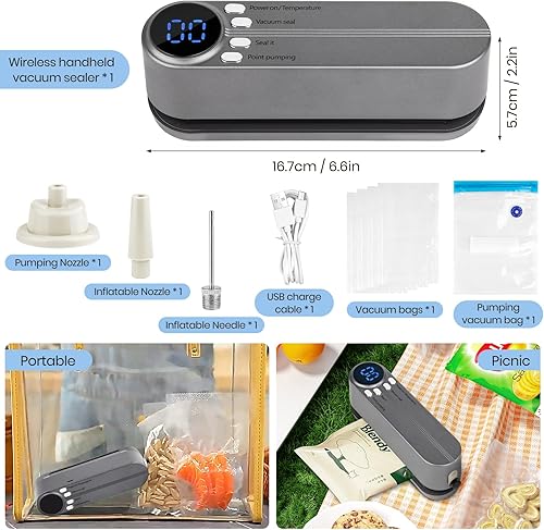 Miniatura 6 de Mini sellador al vacío 3 en 1 para alimentos, sellador de alimentos recargable inalámbrico para almacenamiento de alimentos secoshúmedos con 4