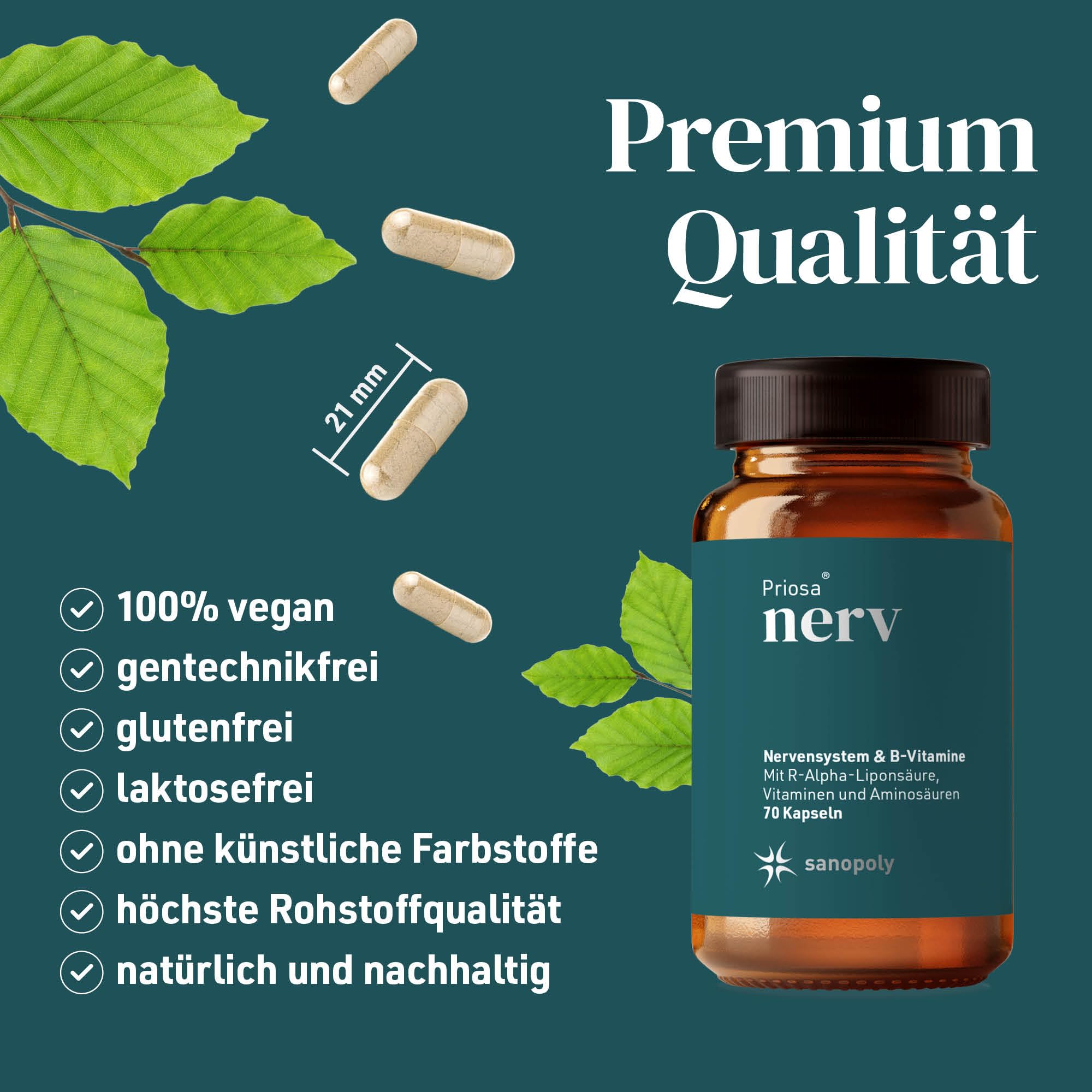 Priosa nerv I 70 Vitamin Kapseln zur Unterstützung der Funktion des Nervensystems I Nahrungsergänzungsmittel mit Vitamin B6 & Vitamin B12